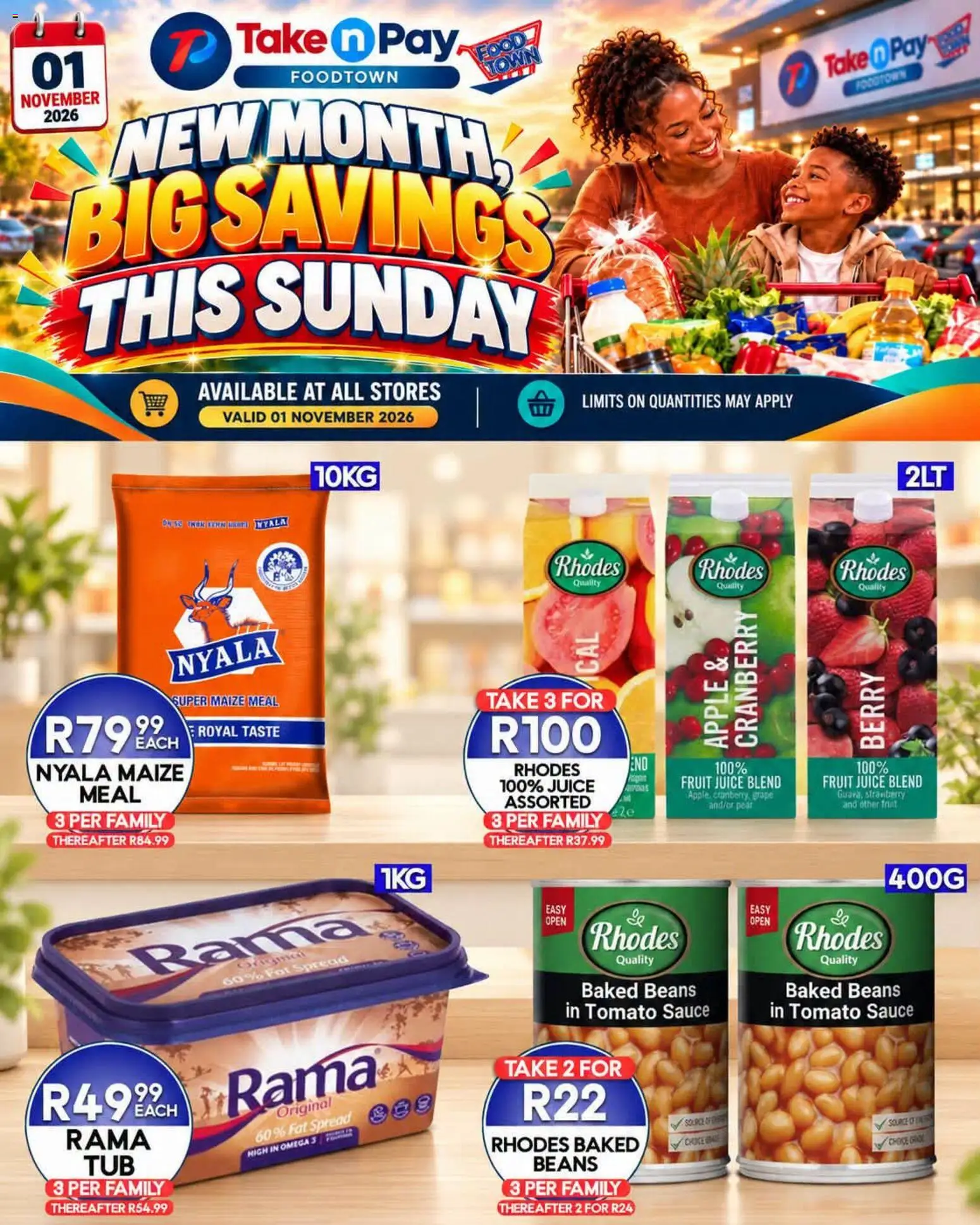 Preview of Take n Pay flyer valid from 01/11/2026 - Fruit, Omega 3, Juice, Maize meal, Tomato sauce, Baked beans, Spread, Fat spread