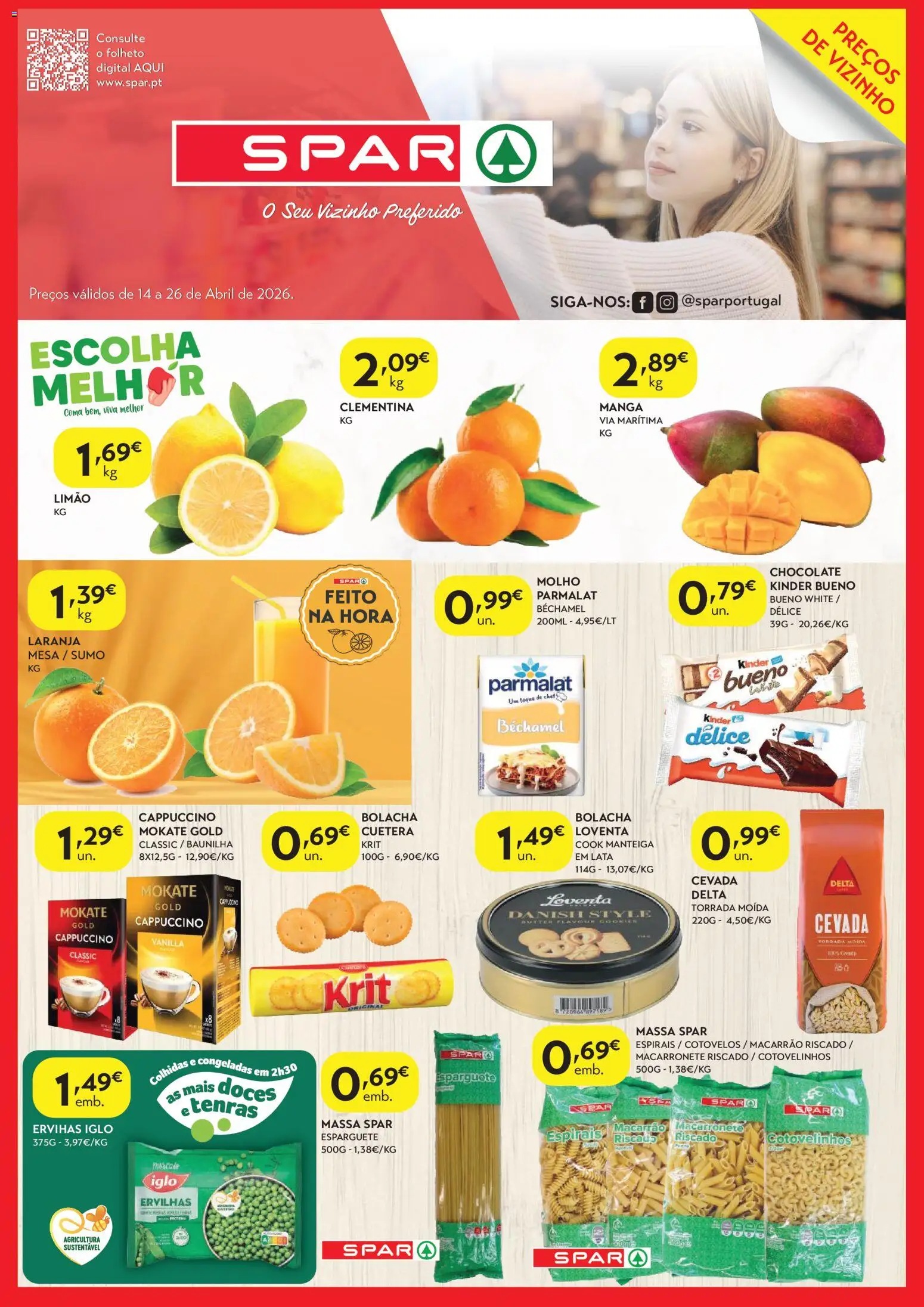 Pré-visualização do folheto da loja Spar válida a partir de 14/04/2026 - Chocolate, Manga, Massa, Cappuccino, Manteiga, Doces, Macarrão, Sumo