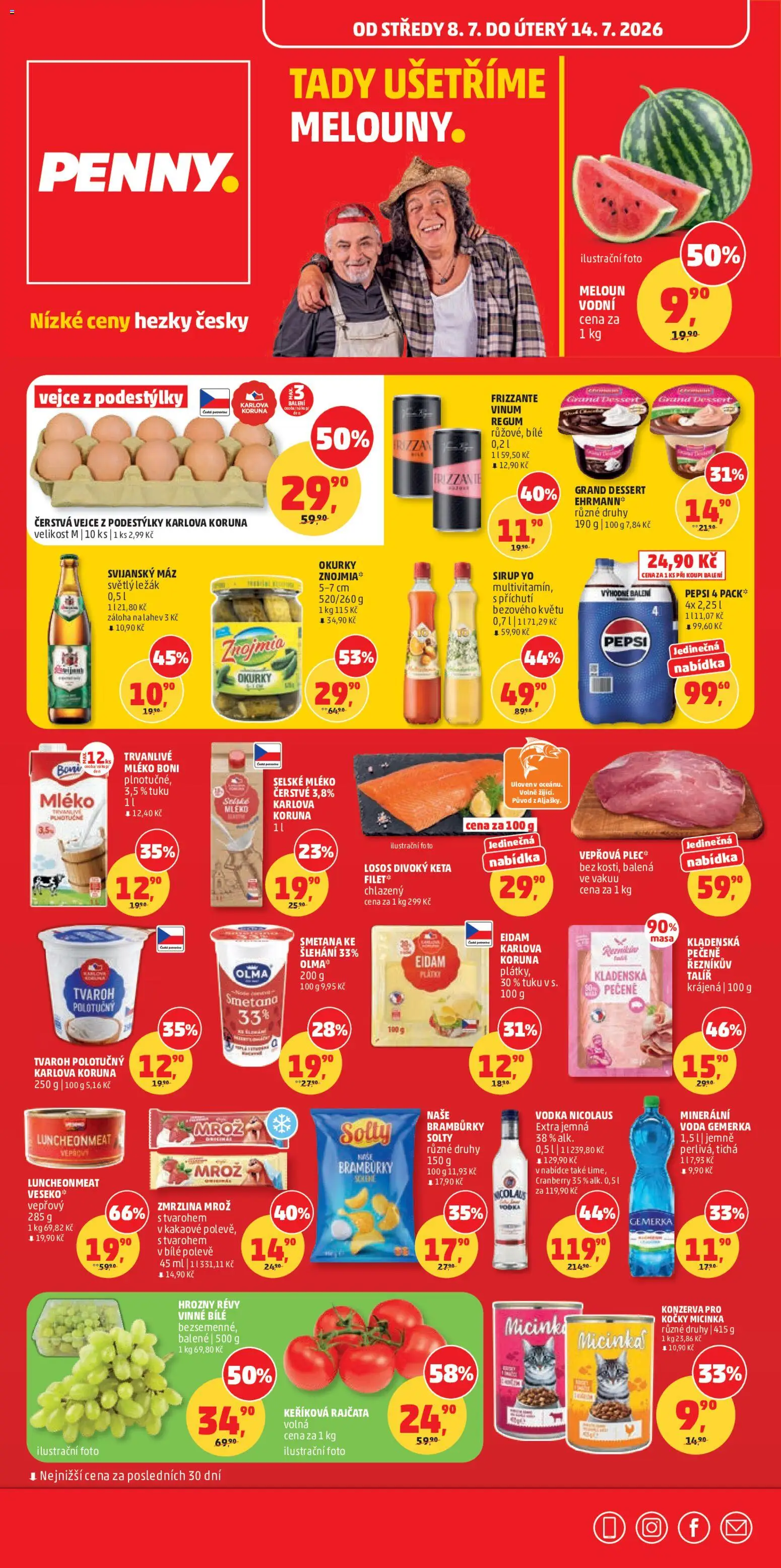 Náhled nabídky: Penny Market Penny Market leták platný od 08.07.2026 - Zmrzlina, Vodka, Láhev, Eidam, Okurky, Meloun vodní, Sirup YO, Svijanský Máz