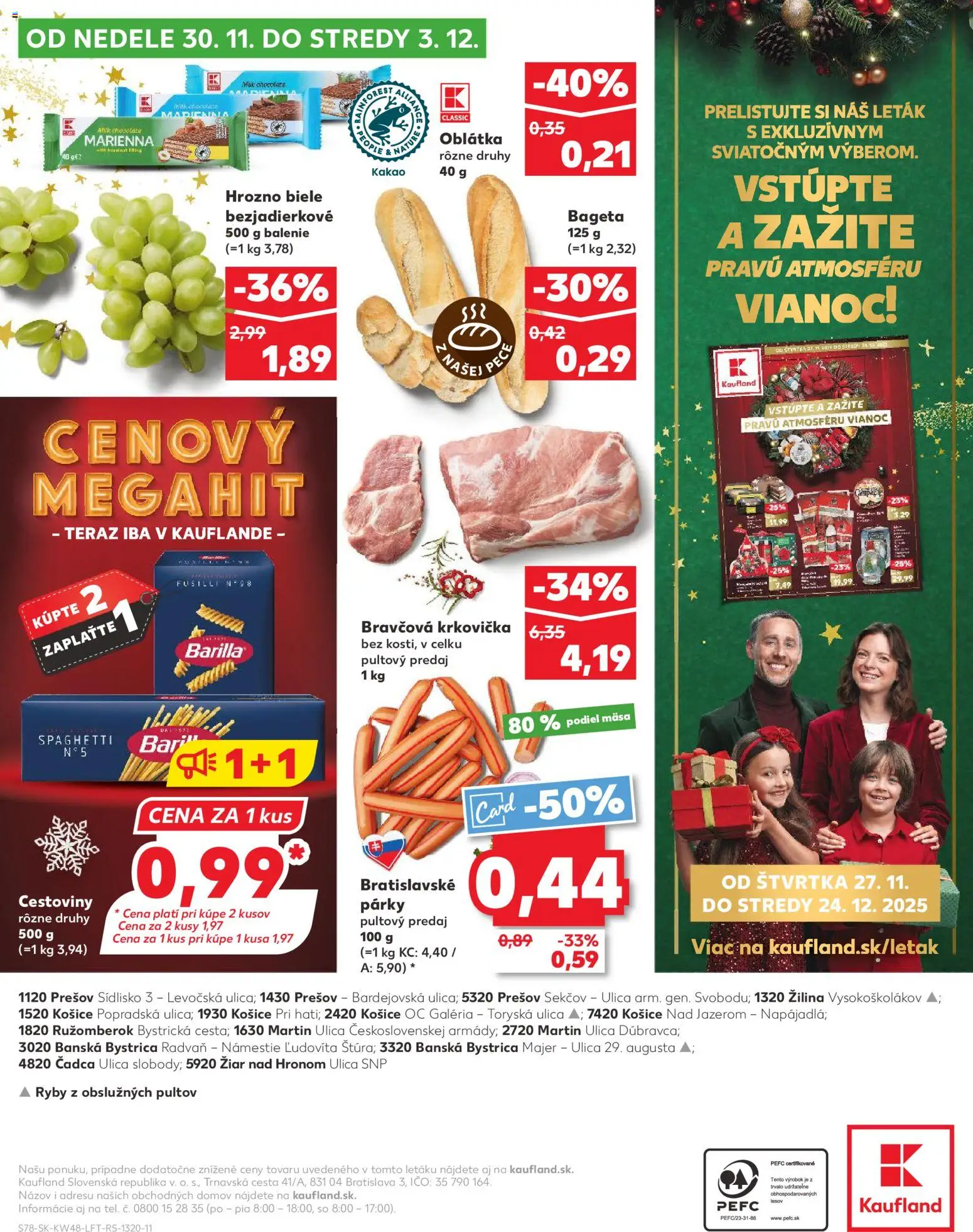 Náhľad Kaufland letáku platného od 27.11.2025 - Cestoviny, Ryby, Krkovička, Fusilli, Hrozno, Kakao, Párky, Bravčová krkovička