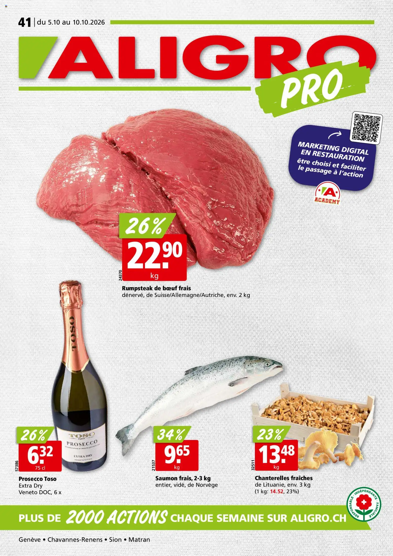 Vorschau des Merkblatts Aligro aktionen Chavannes, Matran, Genève, Sion vom Shop Aligro gültig von 05.10.2026 bis 10.10.2026 - Prosecco, Rumpsteak