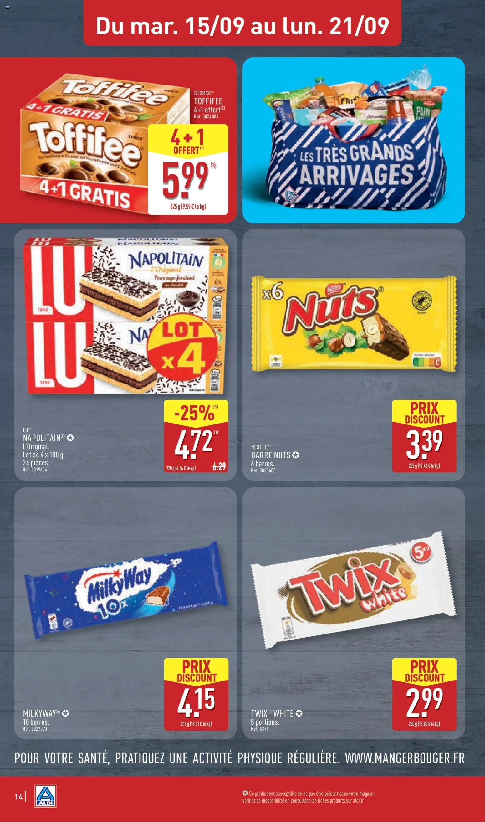 Prévisualisation de Aldi catalogue du magasin Aldi formulaire valide 15/09/2026 - Gâteau, Chocolat, Bonbons, Pain, Biscuits, Napolitain, Twix, Toffifee