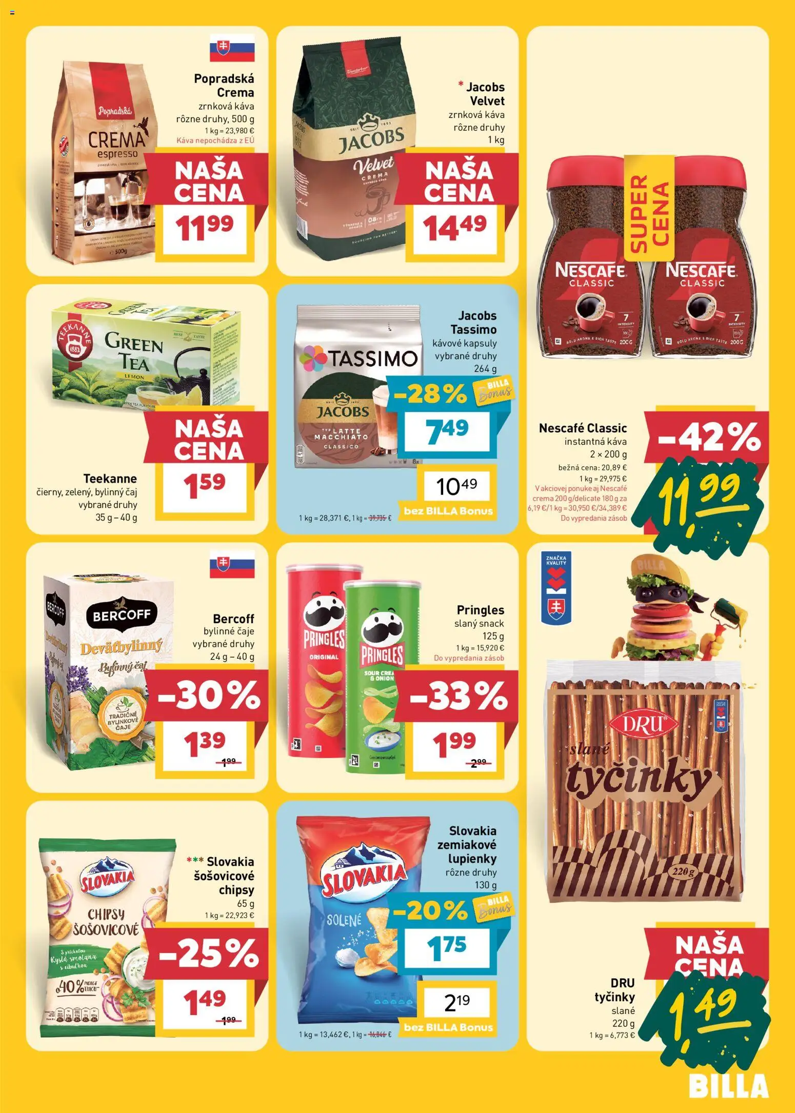 Náhľad Billa letáku platného od 28.10.2026 - Káva, Pringles, Zrnková káva, Chipsy, Jacobs Velvet, Tassimo, Instantná káva, Nescafé Classic
