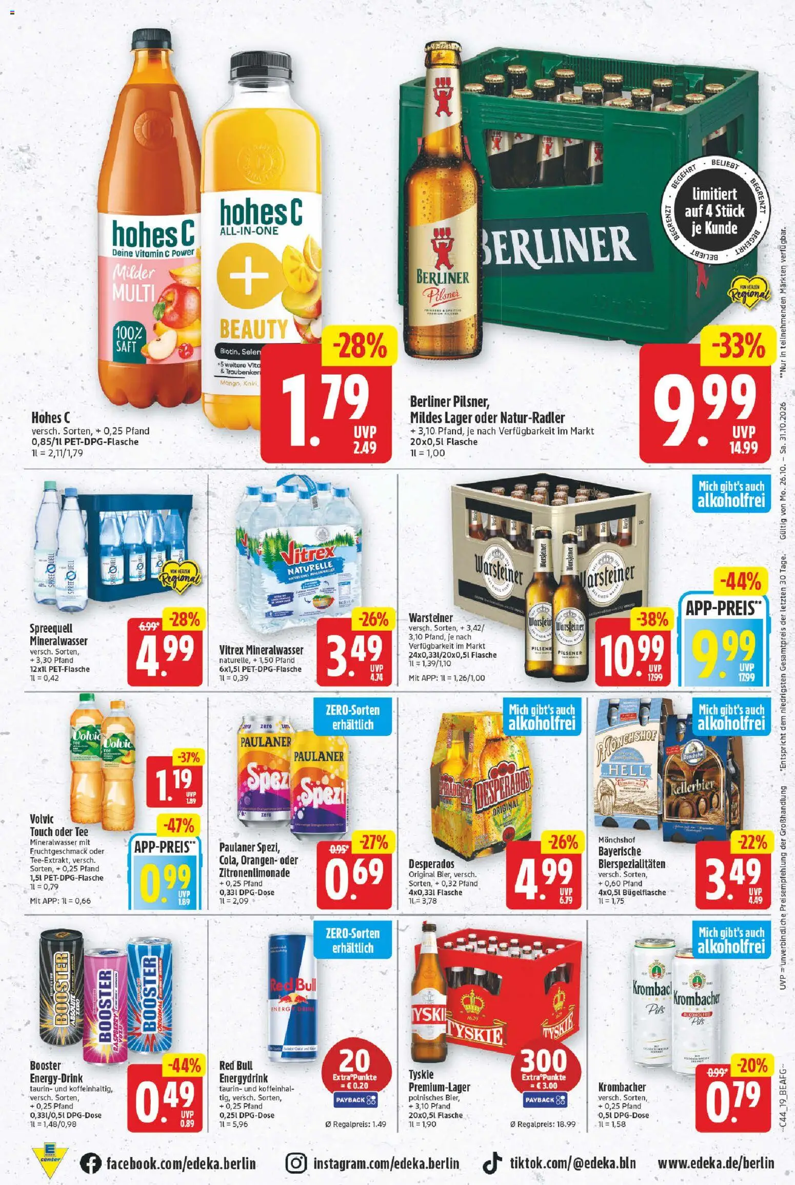 Vorschau von dem Prospekt des Geschäftes E center, gültig ab dem 26.10.2026 - Red bull, Tee, Mineralwasser, Warsteiner, Krombacher, Berliner, Hohes c, Orangen