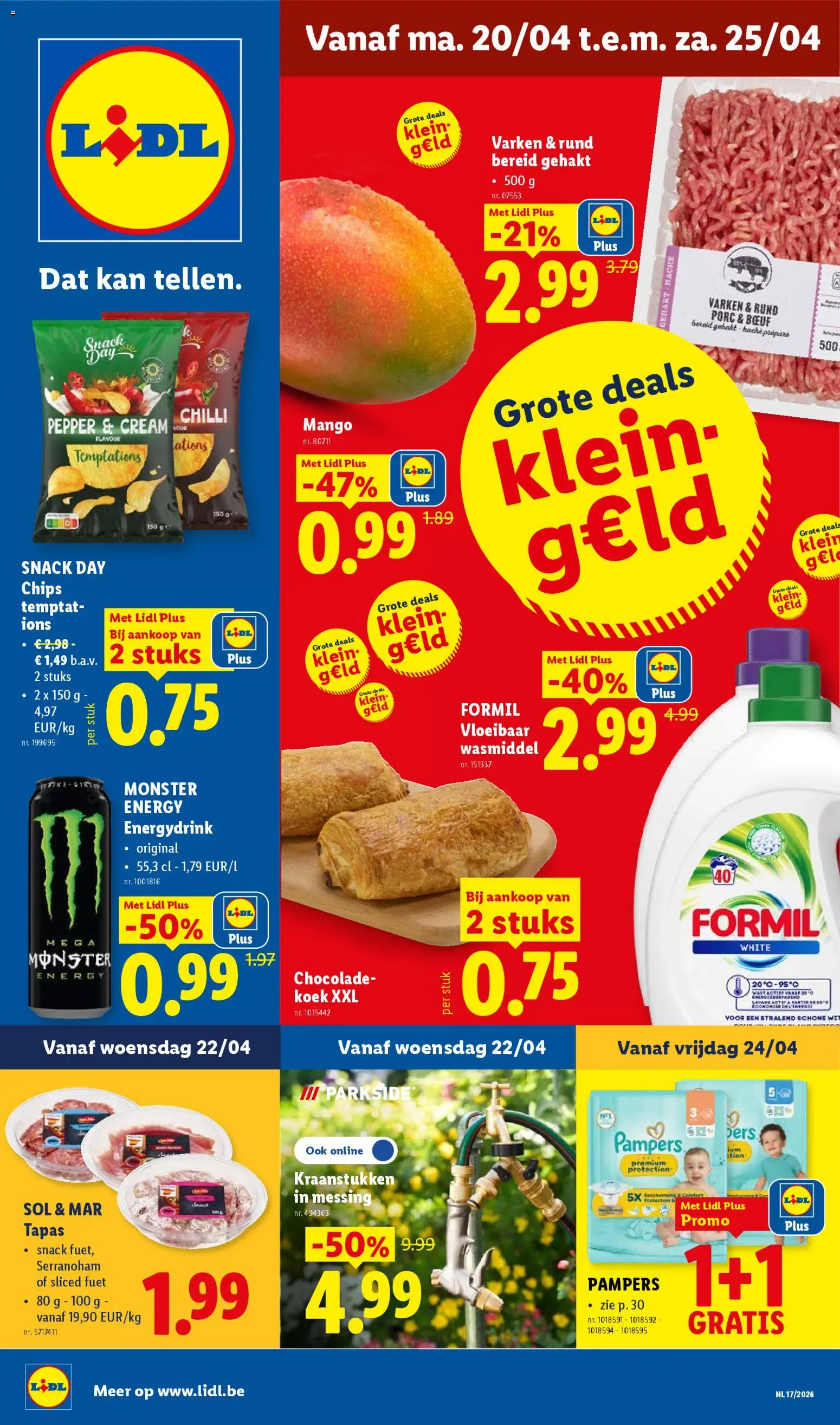 Voorbeeld van Lidl Folder week 17 van winkel Lidl geldig vanaf 20/04/2026 - Mango, Monster, Fruit, Chips, Pampers, Chocolade, Monster Energy, Kan