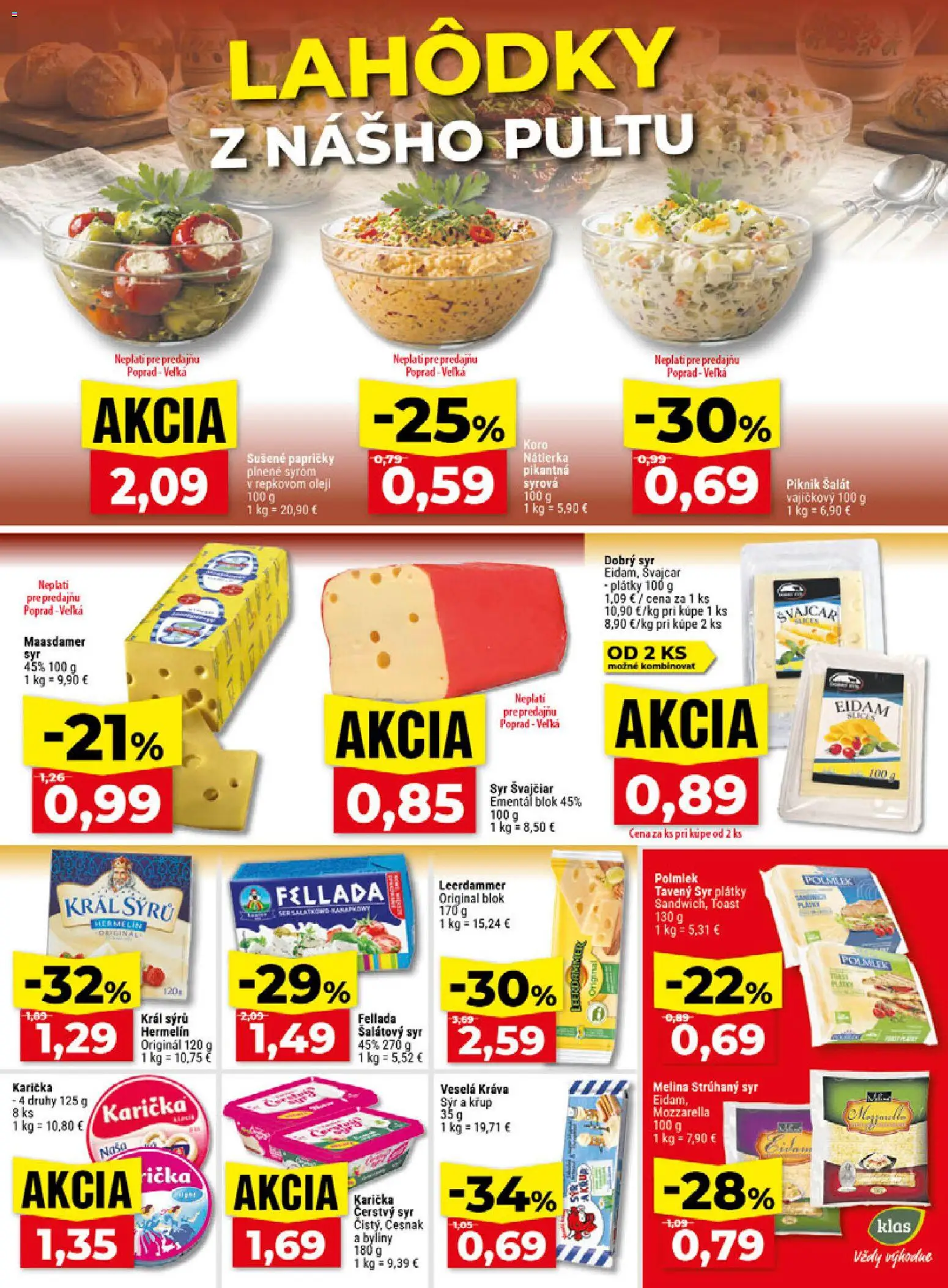 Náhľad Klas letáku platného od 02.11.2026 - Šalát, Mozzarella, Cesnak, Hermelín, Nátierka, Eidam, Tavený syr, Strúhaný syr