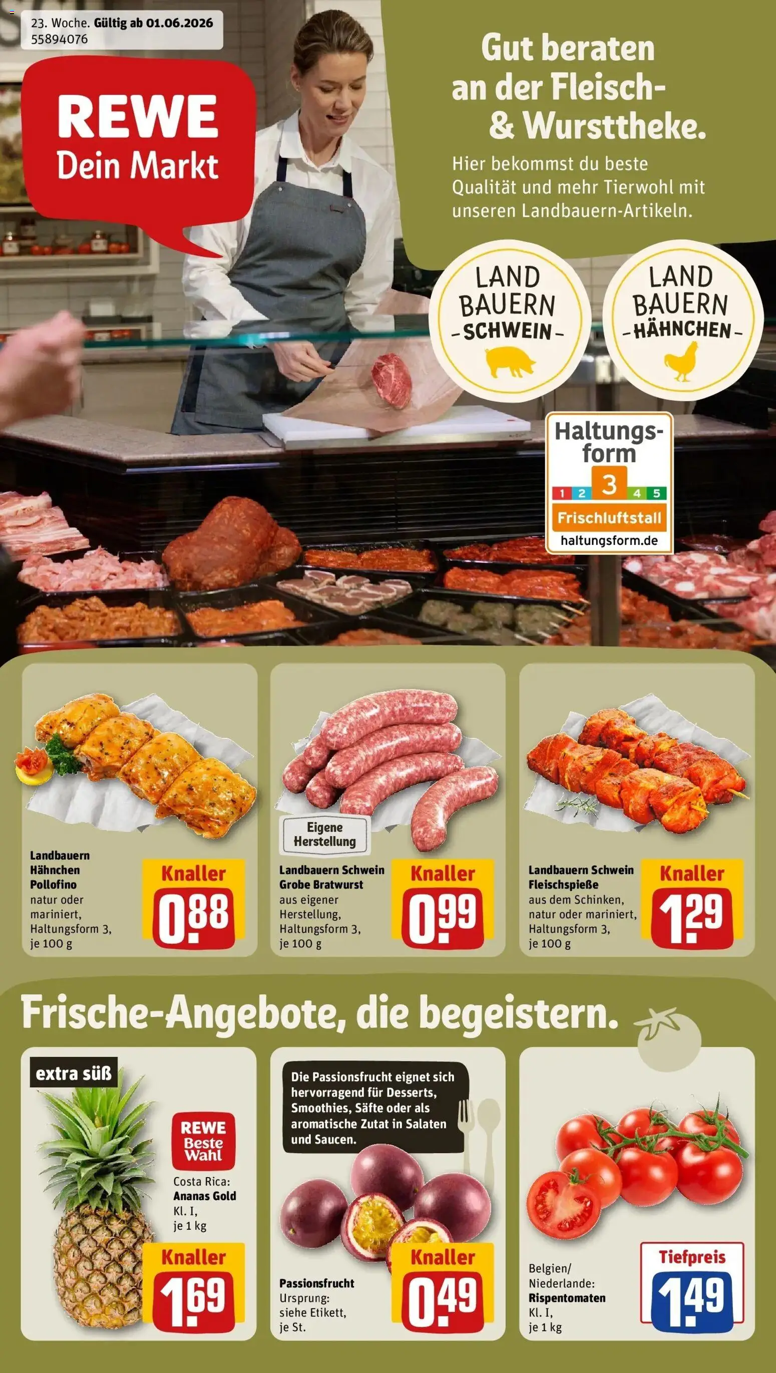Vorschau von dem Prospekt des Geschäftes Rewe, gültig ab dem 01.06.2026 - Bratwurst, Ananas, Fleisch, Hahnchen