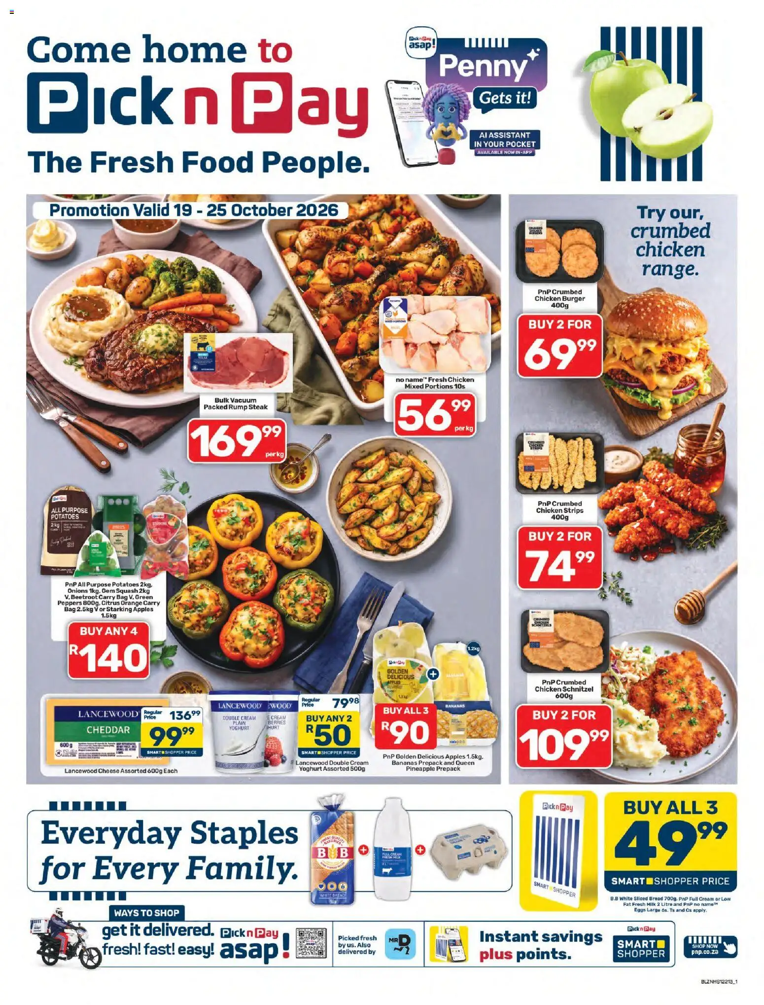 Preview of Pick n Pay flyer valid from 19/10/2026 - Chicken, Bag, Bananas, Pineapple, Steak, Onions, Yoghurt, Squash