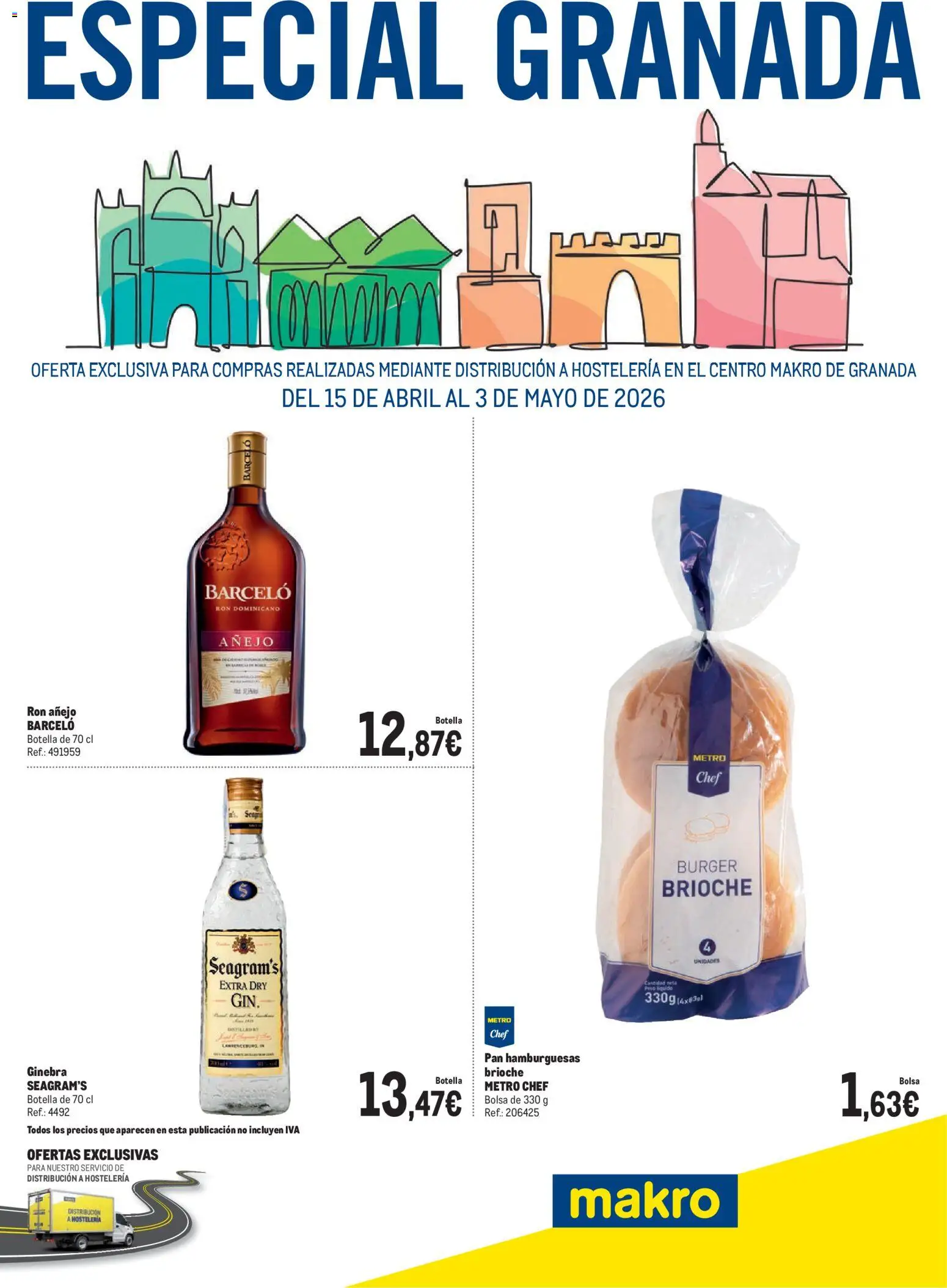 Vista previa del folleto de la tienda Makro válido desde el 15/04/2026 - Granada, Bolsa, Ginebra, Pan, Ron, Brioche, Peso, Ron añejo