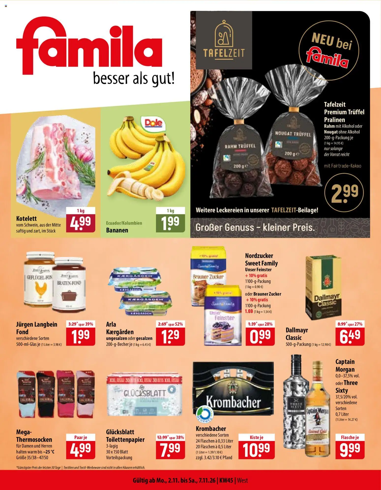 Vorschau von dem Prospekt des Geschäftes Famila, gültig ab dem 02.11.2026 - Bananen, Alkohol, Toilettenpapier, Krombacher, Dallmayr, Zucker, Captain morgan