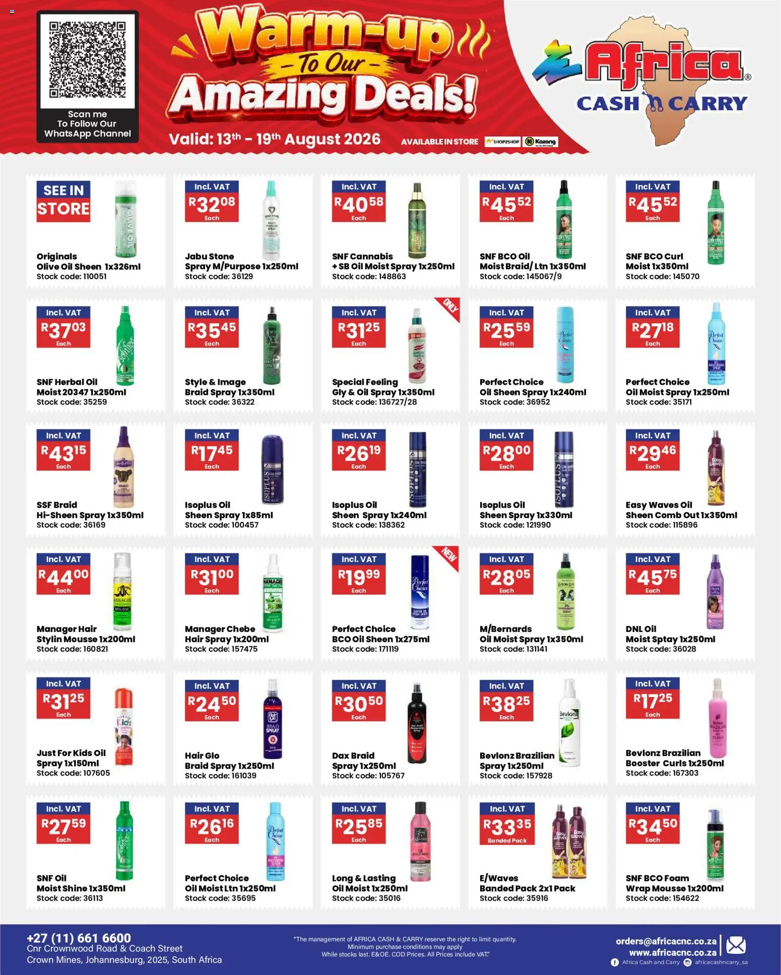 Preview of Africa Cash & Carry flyer valid from 13/08/2026 - Oil, Stock, Foam, Hair spray