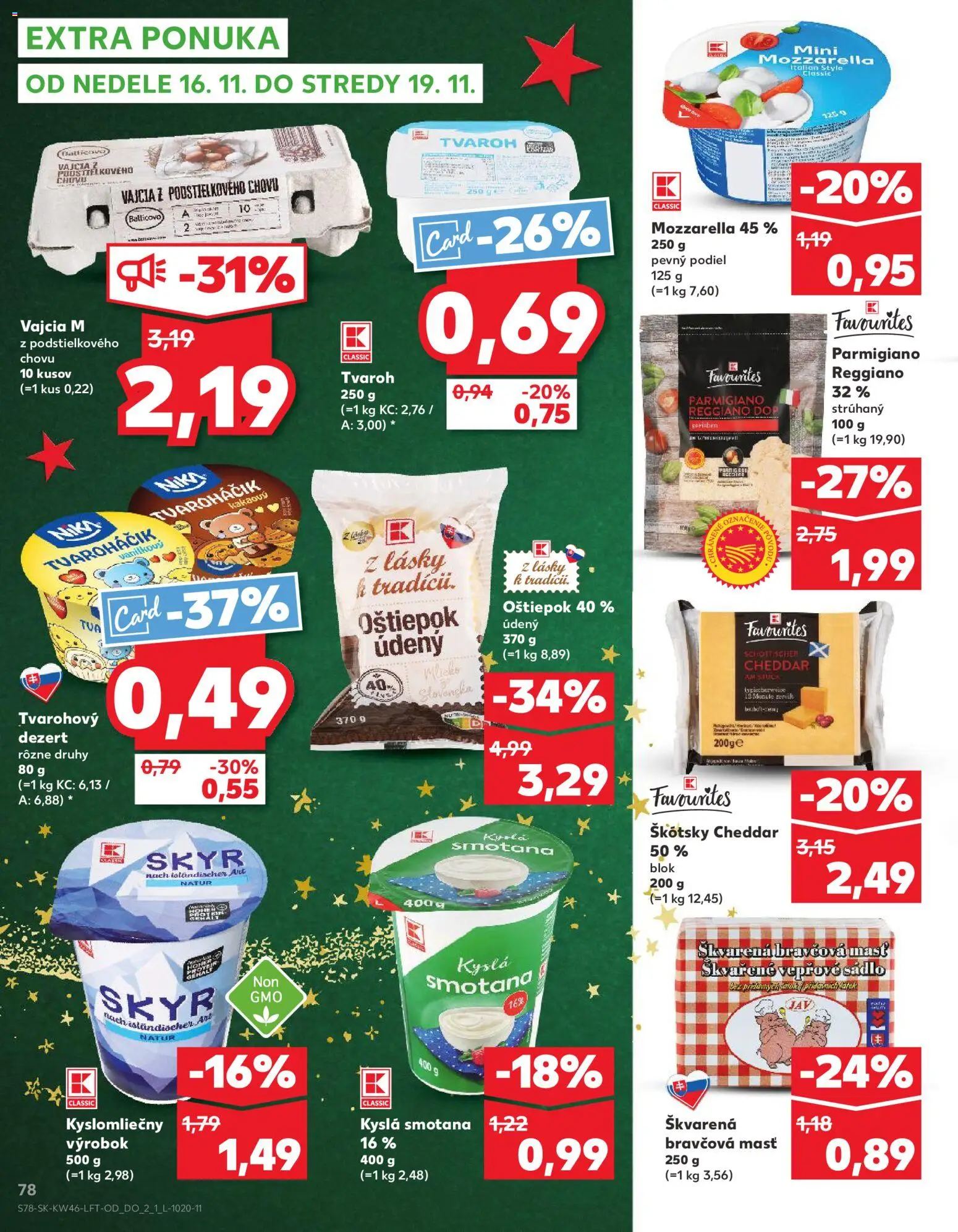 Náhľad Kaufland letáku platného od 13.11.2025 - Tvaroh, Mozzarella, Vajcia, Skyr, Kyslá smotana, Cheddar, Smotana