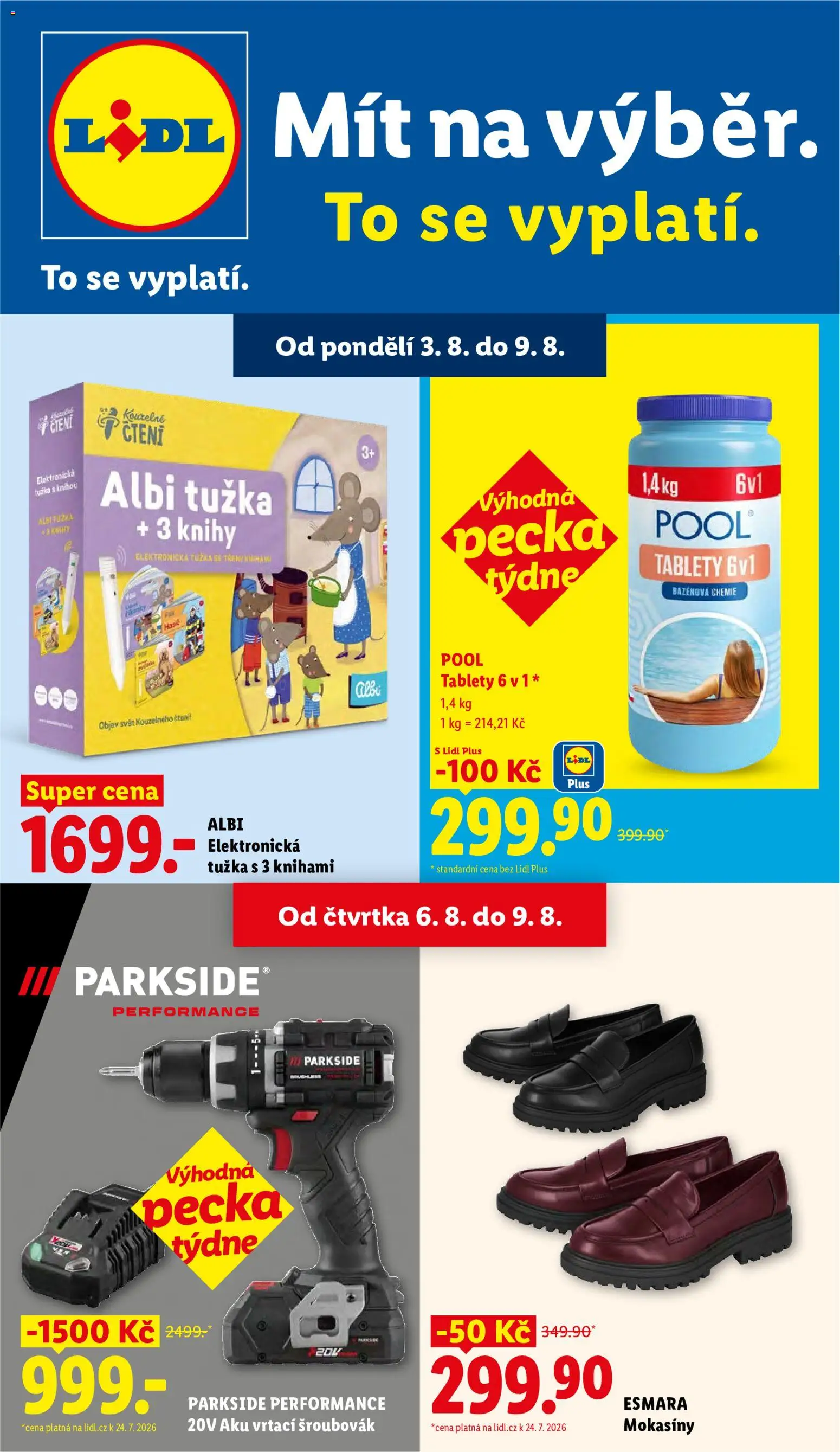 Náhled nabídky: Lidl Lidl leták - Spotřební zboží platný od 03.08.2026 - Parkside, Knihy, Mokasíny, Tužka, Bazénová chemie, Šroubovák