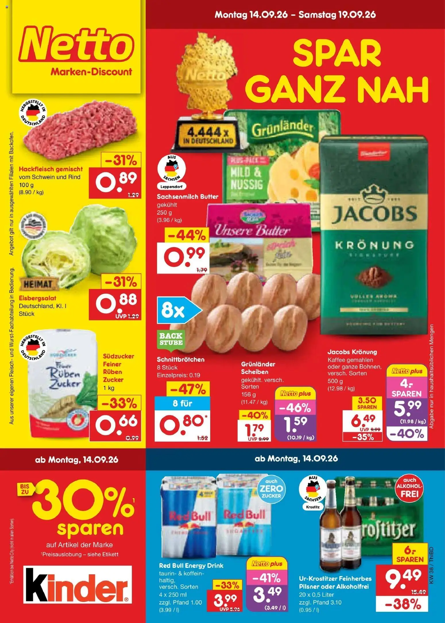 Vorschau von dem Prospekt des Geschäftes Netto Marken-Discount, gültig ab dem 14.09.2026 - Kaffee, Butter, Red bull, Alkohol, Fleisch, Zucker, Energy, Grunlander