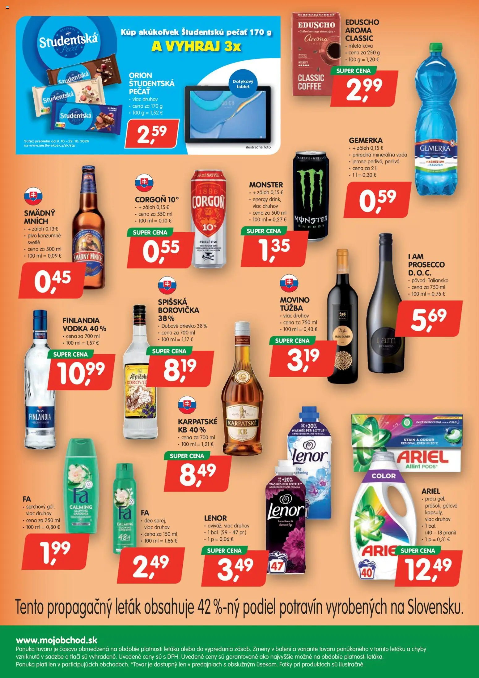 Náhľad Môj obchod letáku platného od 09.10.2026 - Káva, Pivo, Prosecco, Lenor, Corgoň, Gemerka, Minerálna voda, Mletá káva