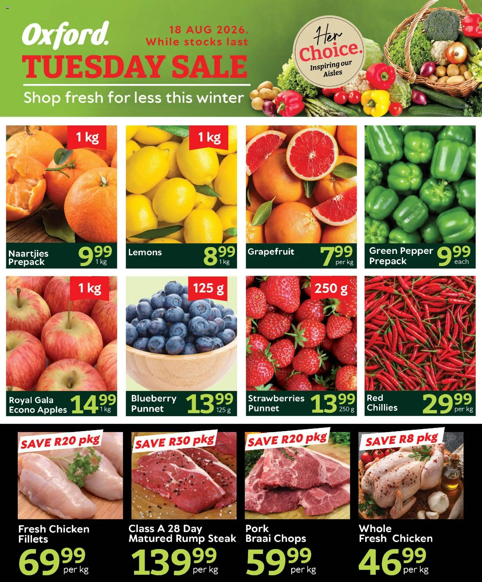 Preview of Oxford Freshmarket flyer valid from 18/08/2026 - Chicken, Strawberries, Steak, Lemons, Rump steak, Grapefruit, Pork, Pepper