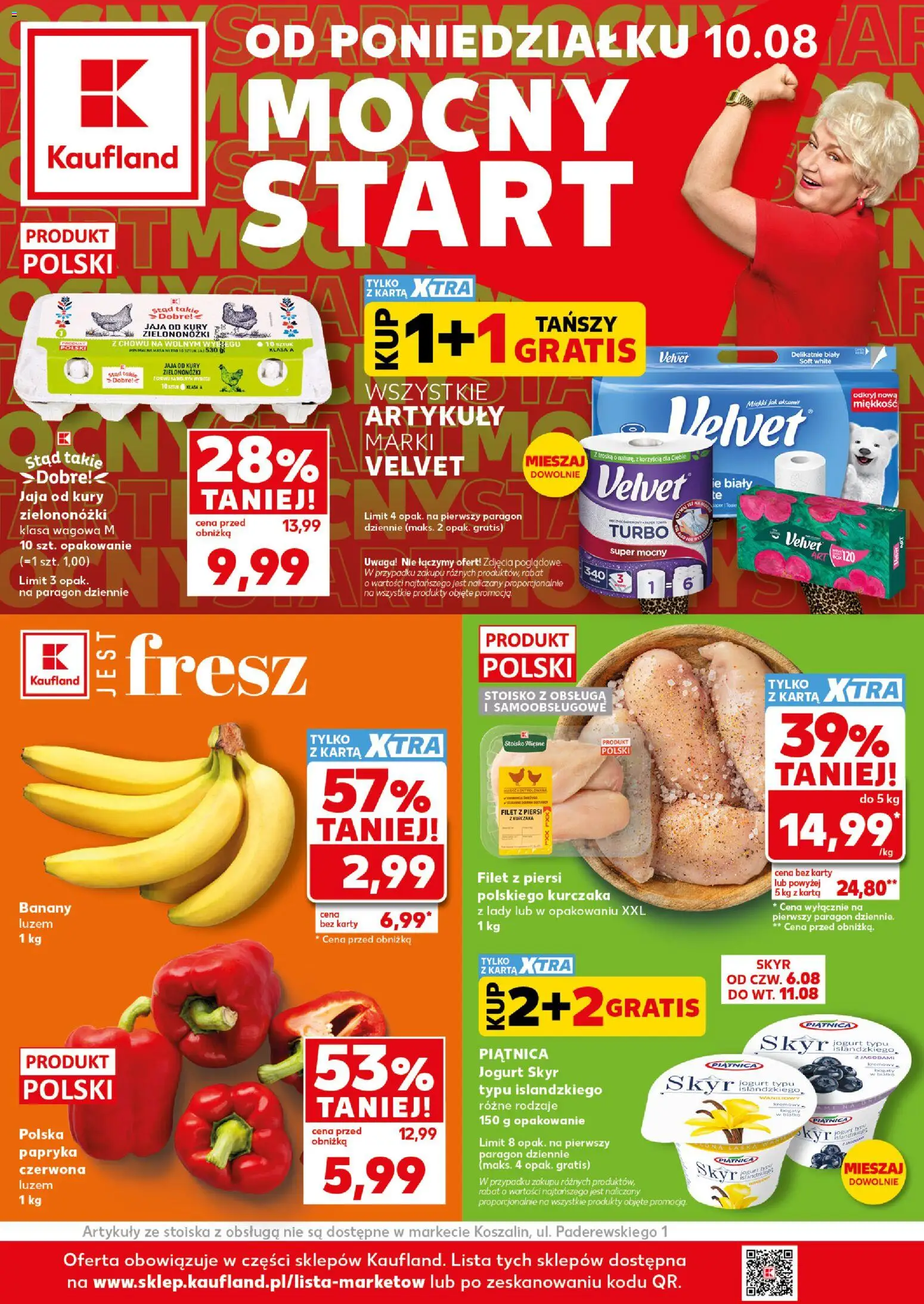 Náhled nabídky: Kaufland Polsko Kaufland Polsko leták - Mocny start platný od 10.08.2026 - Jogurt, Karty, Skyr, Velvet, Banány, Skyr jogurt, Filet