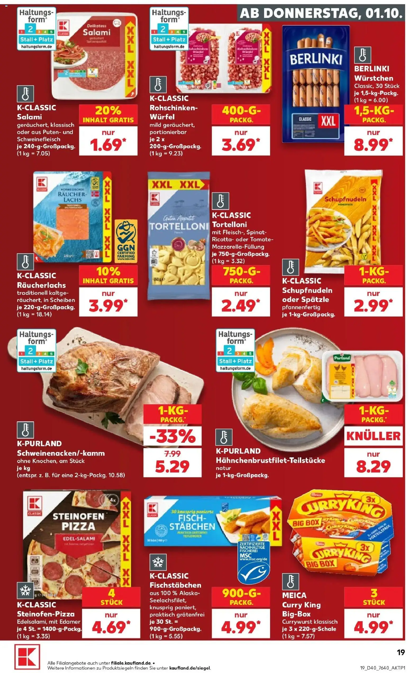 Vorschau von dem Prospekt des Geschäftes Kaufland, gültig ab dem 01.10.2026 - Pizza, Lachs, Box, Salami, Räucherlachs, Schweinefleisch, Edamer, Meica