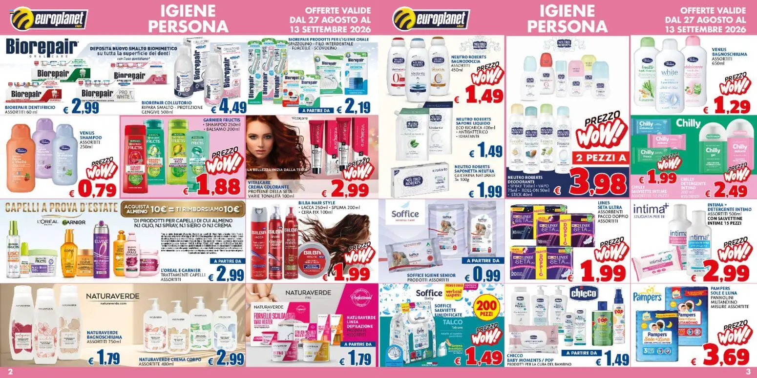 Anteprima dell'opuscolo Europlanet Casa volantino dal negozio Europlanet Casa valido da 27/08/2026 - Shampoo, Pampers, Collutorio, Talco, Pannolini, Balsamo, Filo interdentale, Detergente intimo