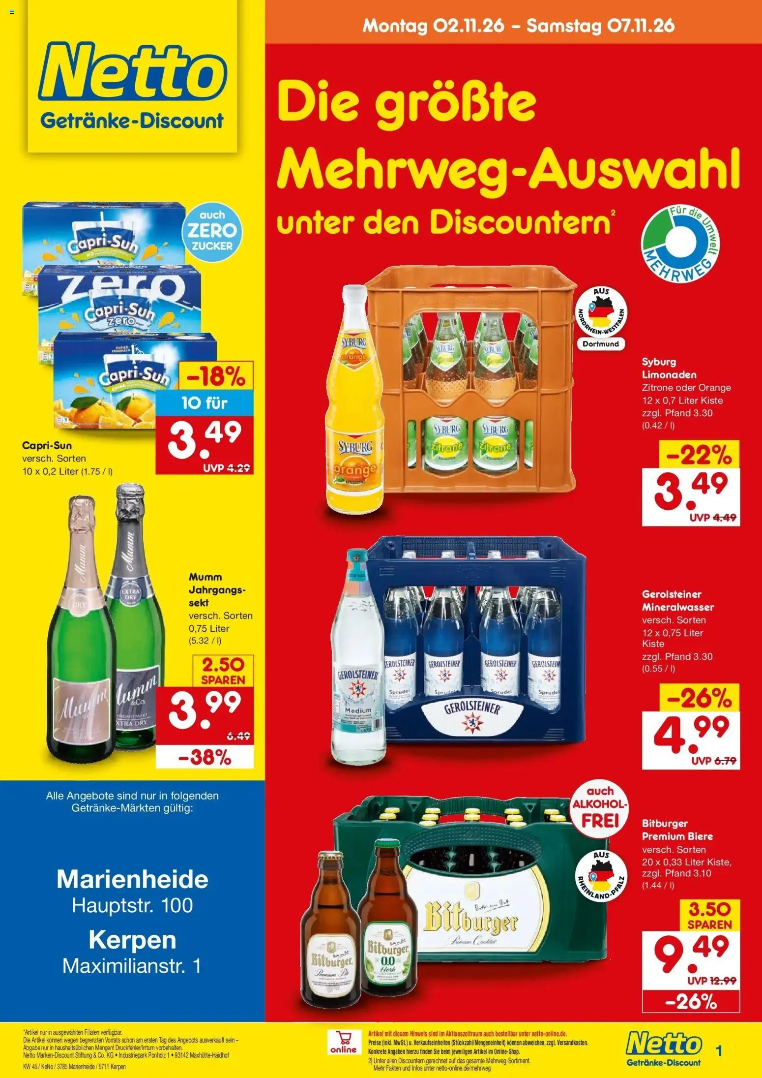 Vorschau von dem Prospekt des Geschäftes Netto Marken-Discount, gültig ab dem 02.11.2026 - Burger, Mineralwasser, Alkohol, Gerolsteiner, Zitrone, Capri sun, Sekt, Bitburger