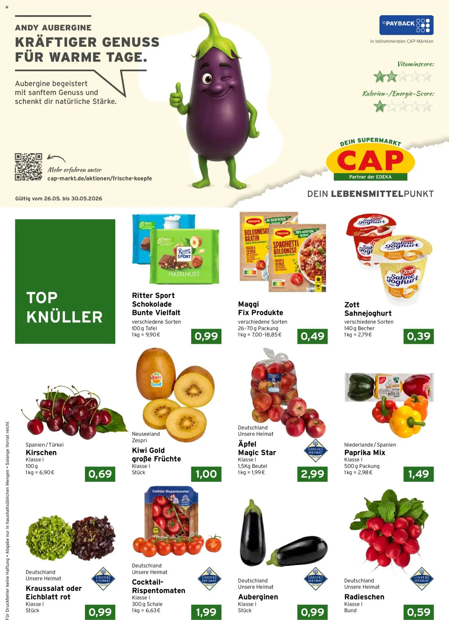 Vorschau von dem Prospekt des Geschäftes CAP Markt, gültig ab dem 26.05.2026 - Schokolade, Kiwi, Joghurt, Spaghetti, Aubergine, Maggi, Ritter sport, Kirschen