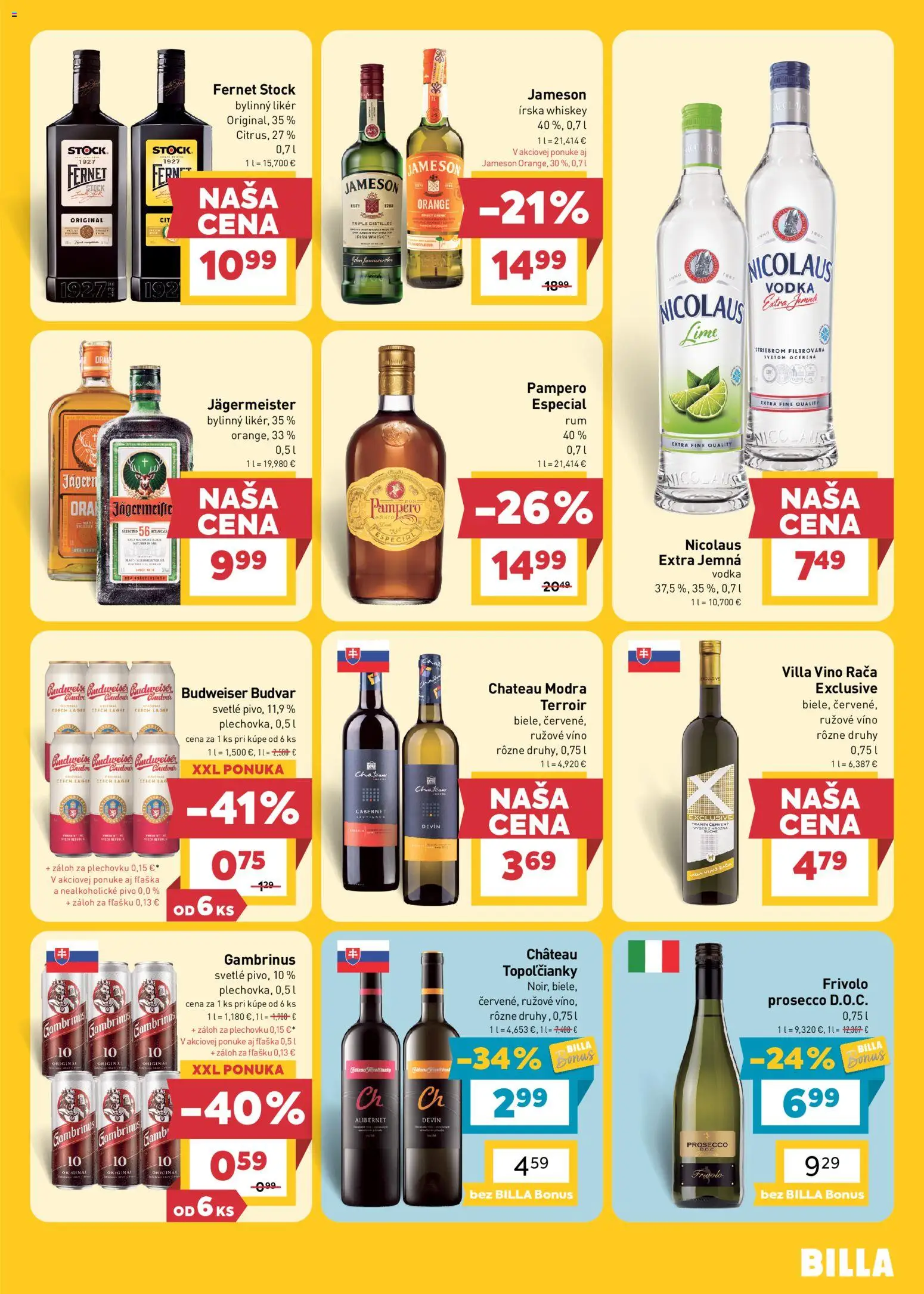 Náhľad Billa letáku platného od 14.10.2026 - Víno, Prosecco, Vodka, Nicolaus vodka, Jameson, Budvar, Nealkoholické pivo, Bylinný likér