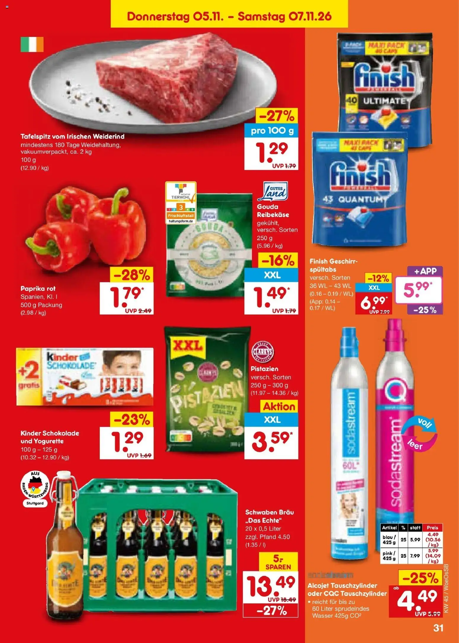 Vorschau von dem Prospekt des Geschäftes Netto Marken-Discount, gültig ab dem 02.11.2026 - Wasser, Tafelspitz, Yogurette, Gouda, Finish, Paprika rot, Reibekase, Kinder schokolade