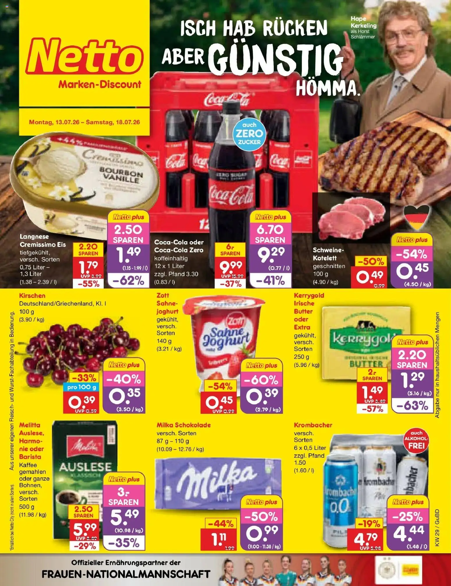 Vorschau von dem Prospekt des Geschäftes Netto Marken-Discount, gültig ab dem 13.07.2026 - Eis, Alkohol, Krombacher, Sahne, Vanille, Melitta, Cremissimo, Langnese cremissimo