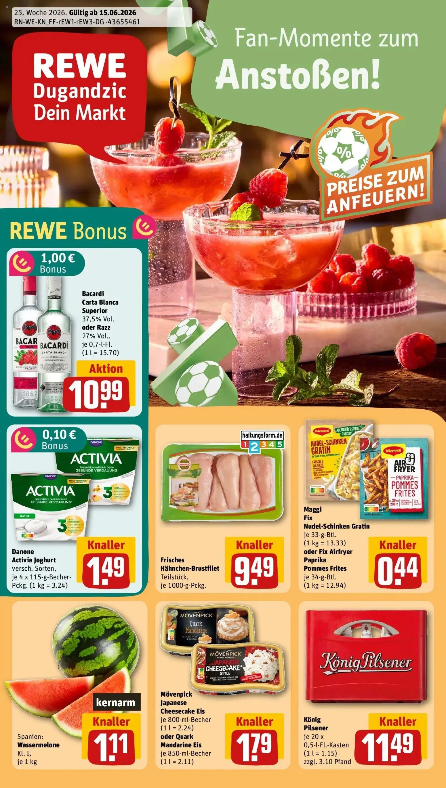Vorschau von dem Prospekt des Geschäftes Rewe, gültig ab dem 14.06.2026 - Eis, Pasta, Joghurt, Maggi, Wassermelone, Rum, Pommes frites, Konig pilsener