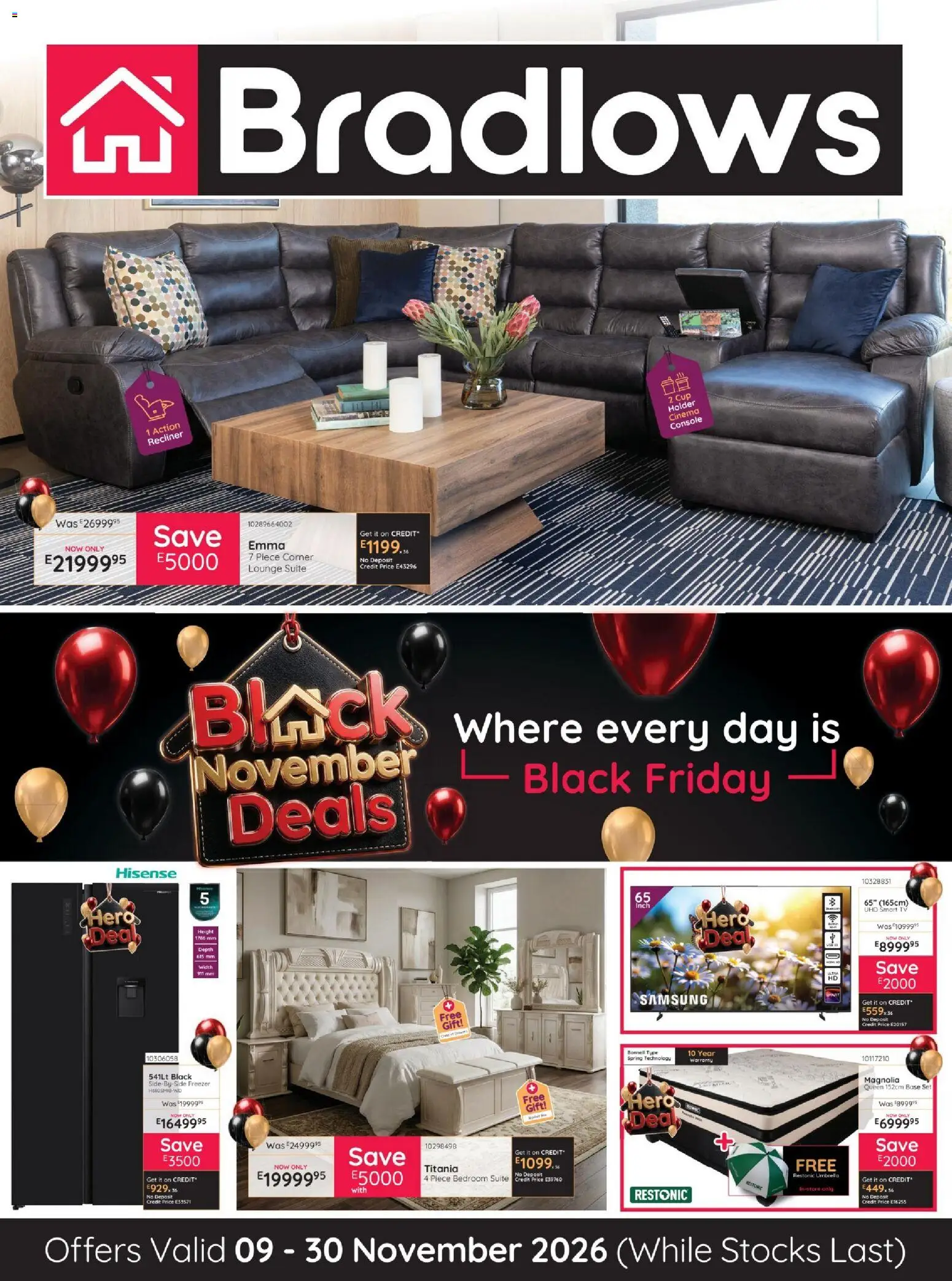 Preview of Bradlows flyer valid from 09/11/2026 - TV, Lounge suite, Umbrella, Freezer