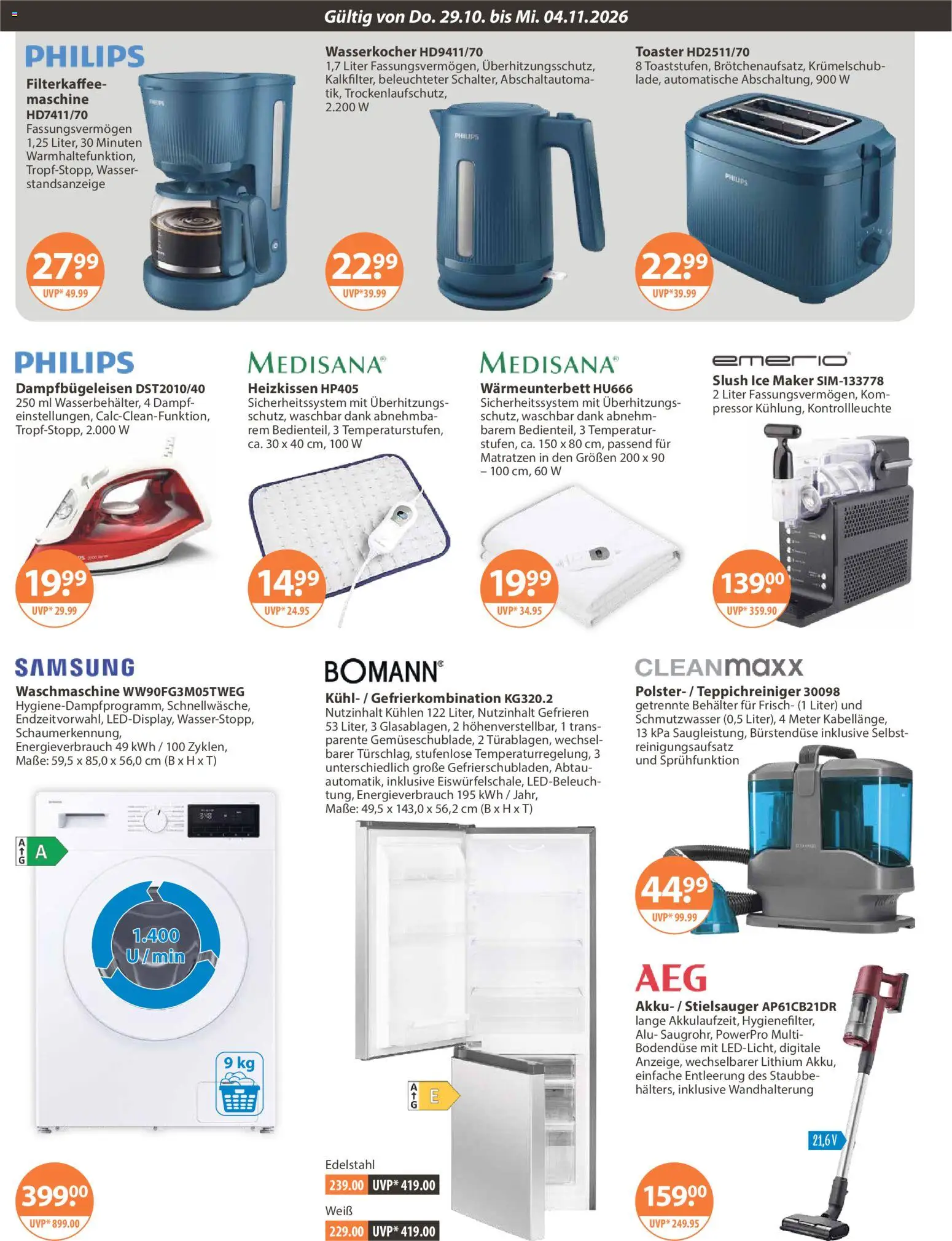 Vorschau von dem Prospekt des Geschäftes V-Markt, gültig ab dem 29.10.2026 - Samsung, Waschmaschine, Philips, Wasser, Wasserkocher, Toaster, Heizkissen