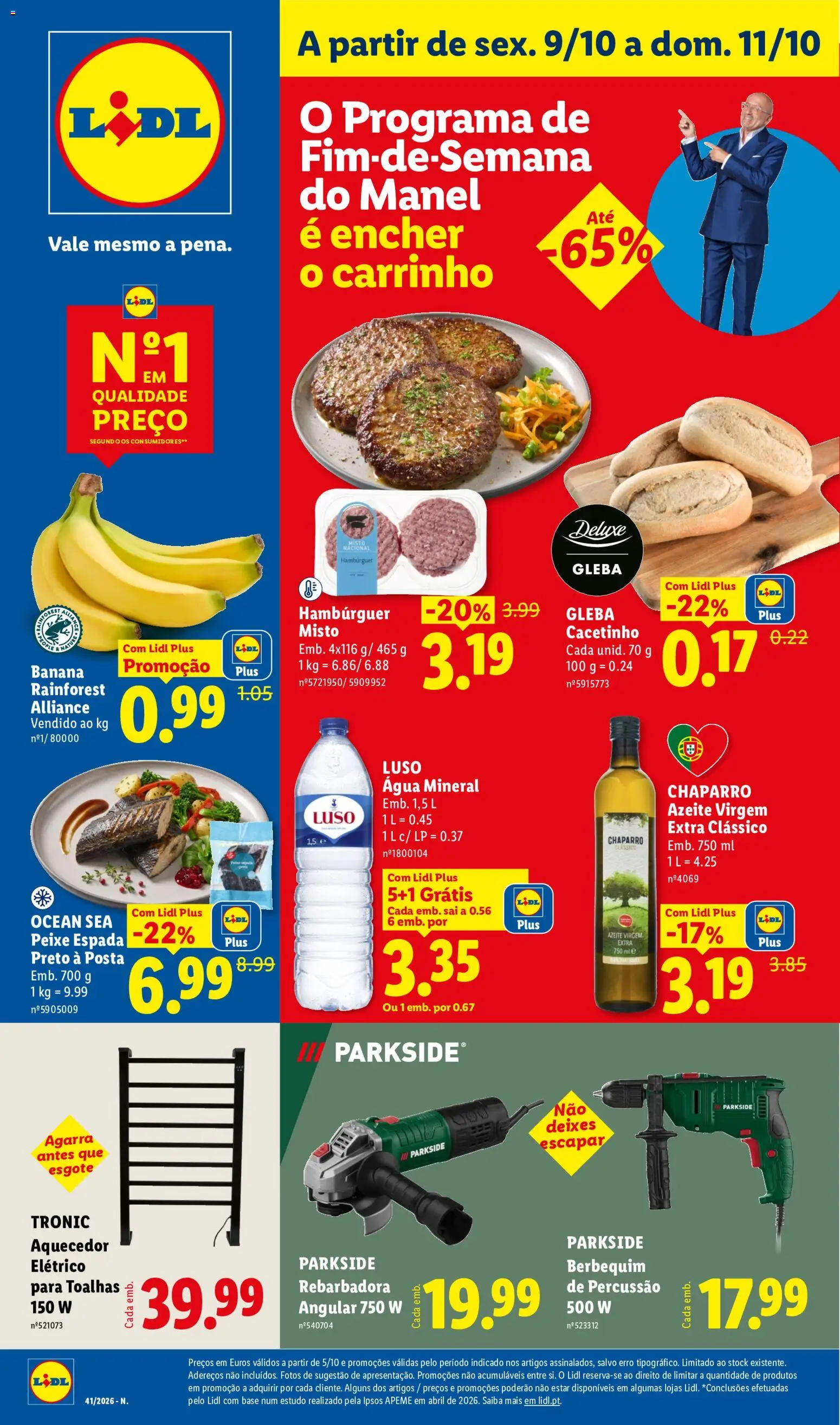 Pré-visualização do folheto da loja Lidl válida a partir de 09/10/2026 - Hambúrguer, Agua, Banana, Aquecedor, Peixe, Base, Azeite virgem extra, Água mineral