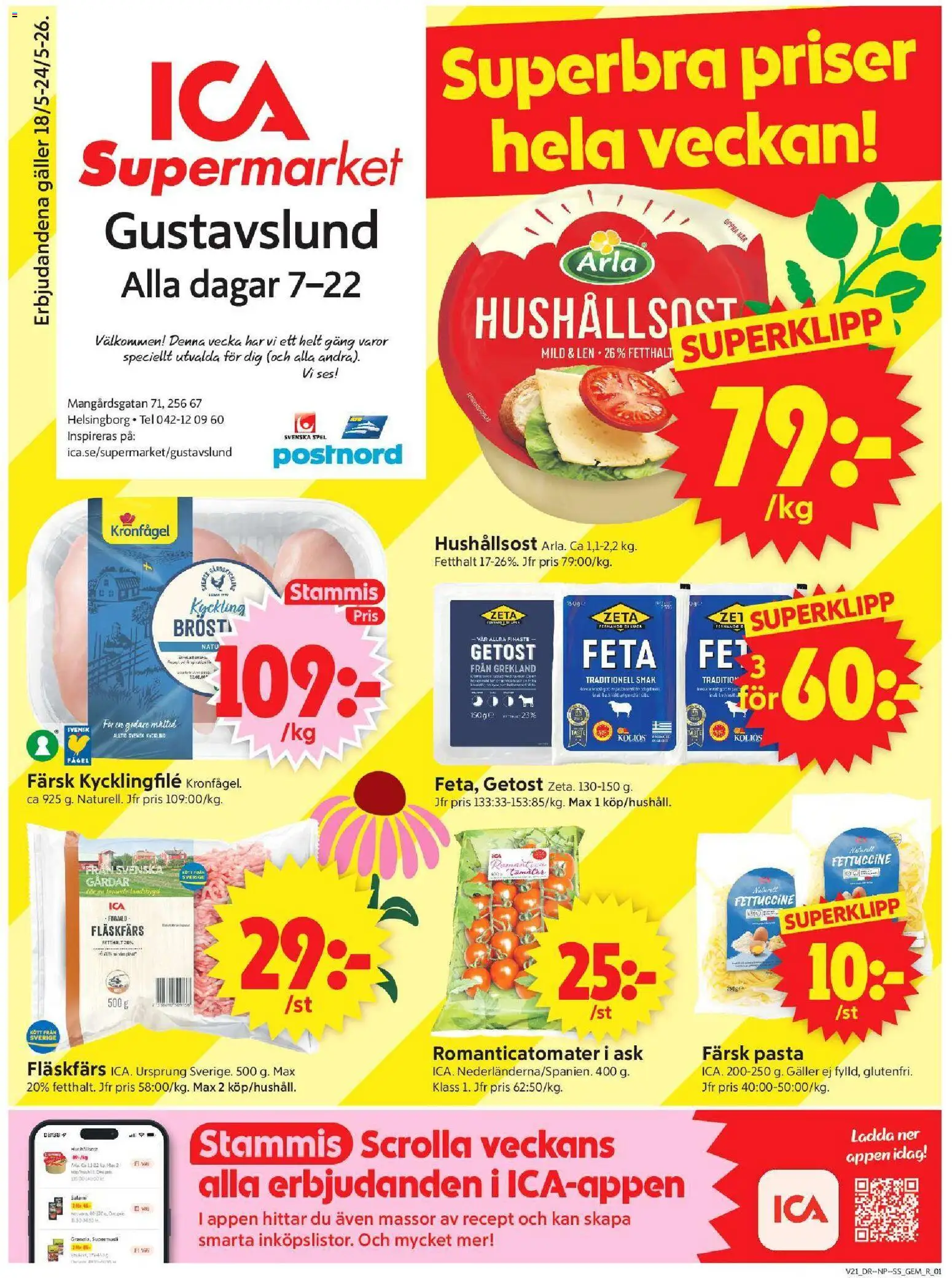 Förhandsgranska reklamblad Helsingborg från butik ICA Supermarket gäller från 18/05/2026 - Spel, Pasta, Kycklingfile, Galler, Hushållsost, Getost, Fläskfärs, Kyckling