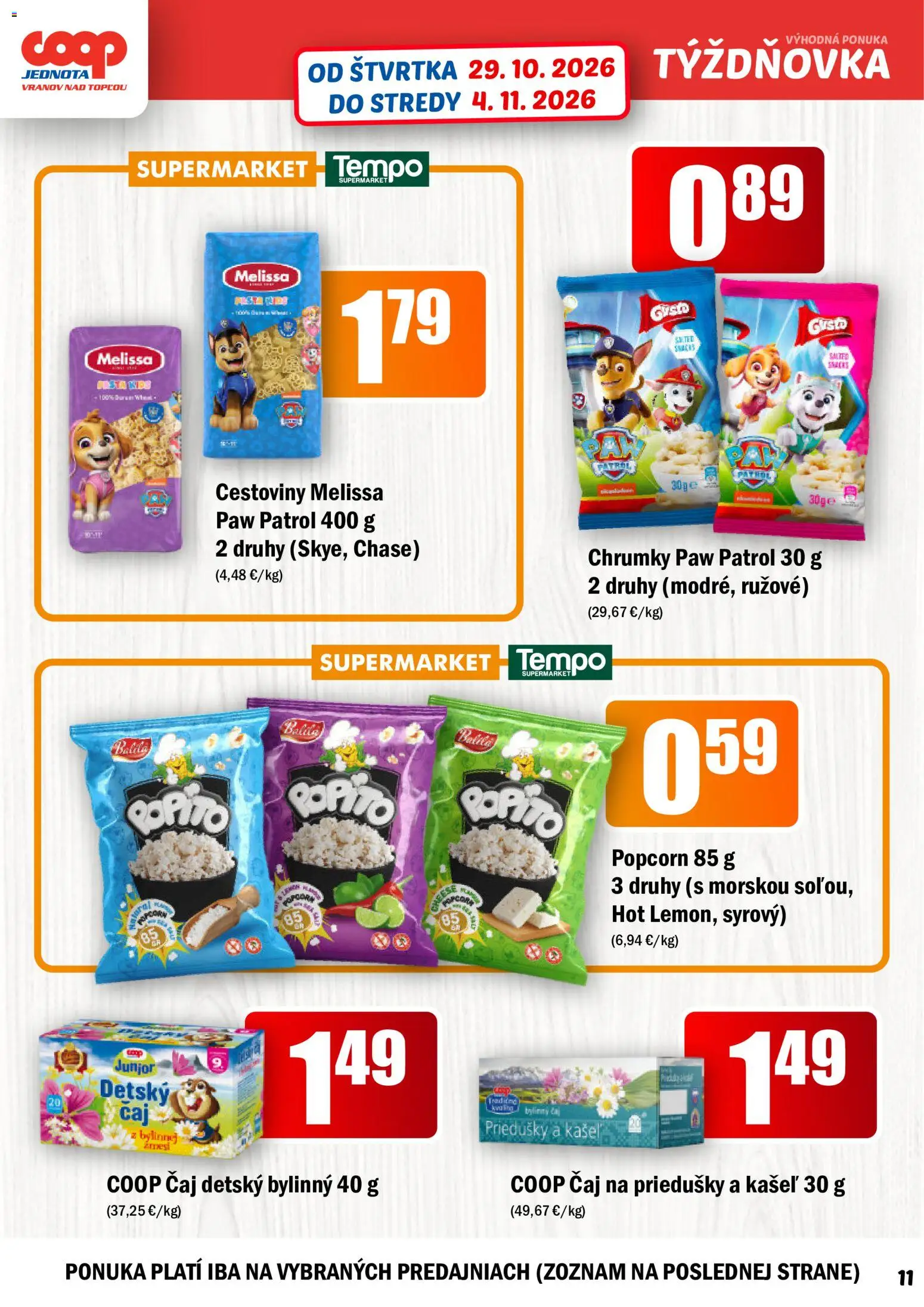Náhľad COOP Jednota letáku platného od 29.10.2026 - Cestoviny, Čaj, Popcorn