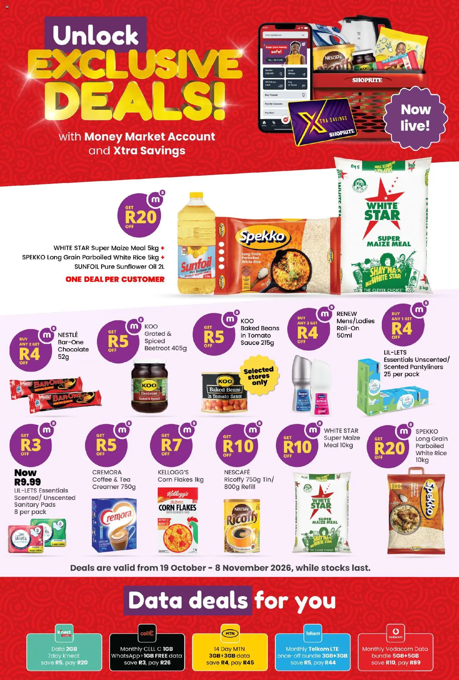 Preview of Shoprite flyer valid from 19/10/2026 - Tea, Oil, Corn, Rice, Maize meal, Corn flakes, Tomato sauce, Creamer