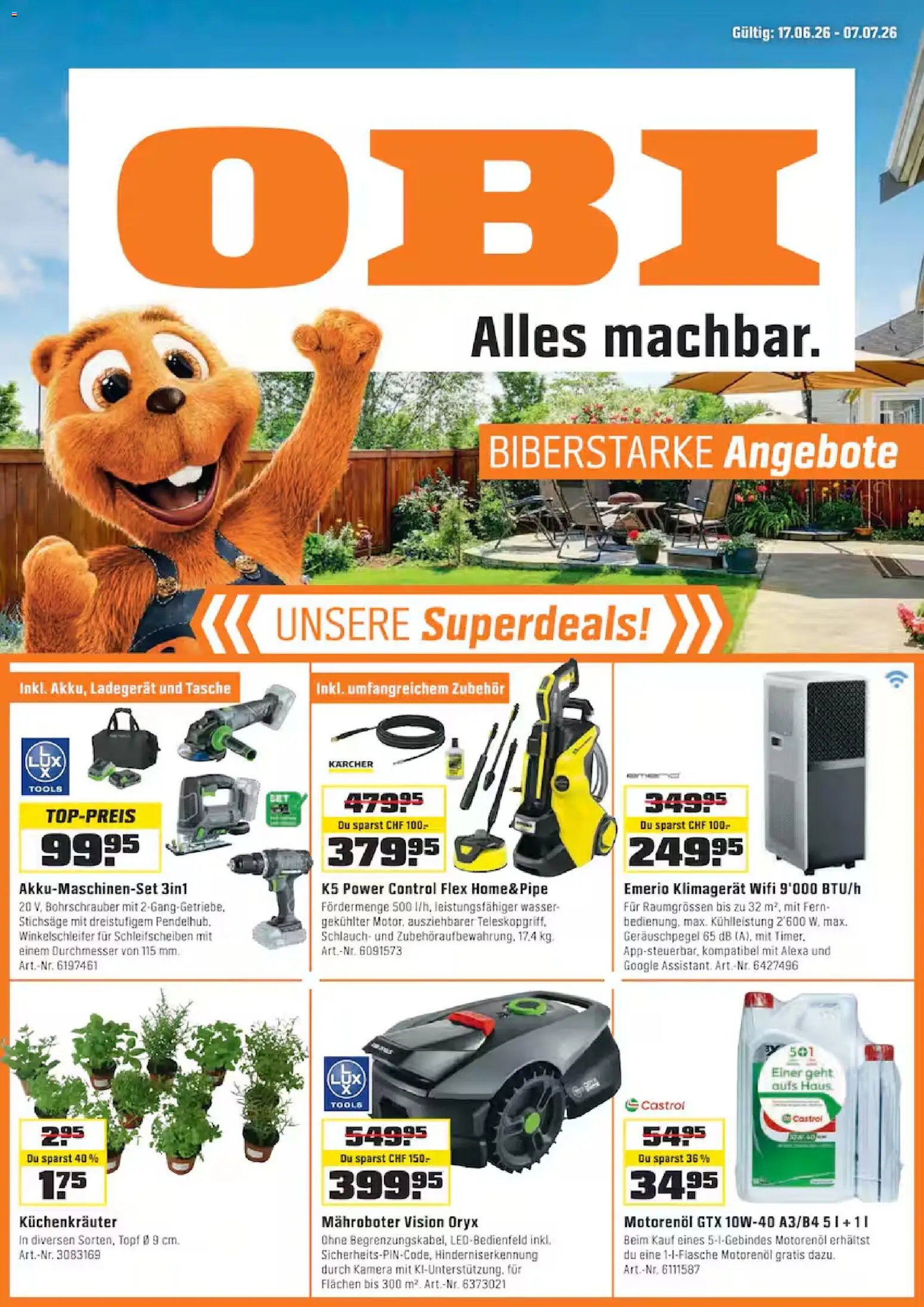 Vorschau des Merkblatts OBI aktionen vom Shop OBI gültig von 17.06.2026 bis 07.07.2026 - Wasser, Kamera, Klimagerät, Tasche, Ladegerät