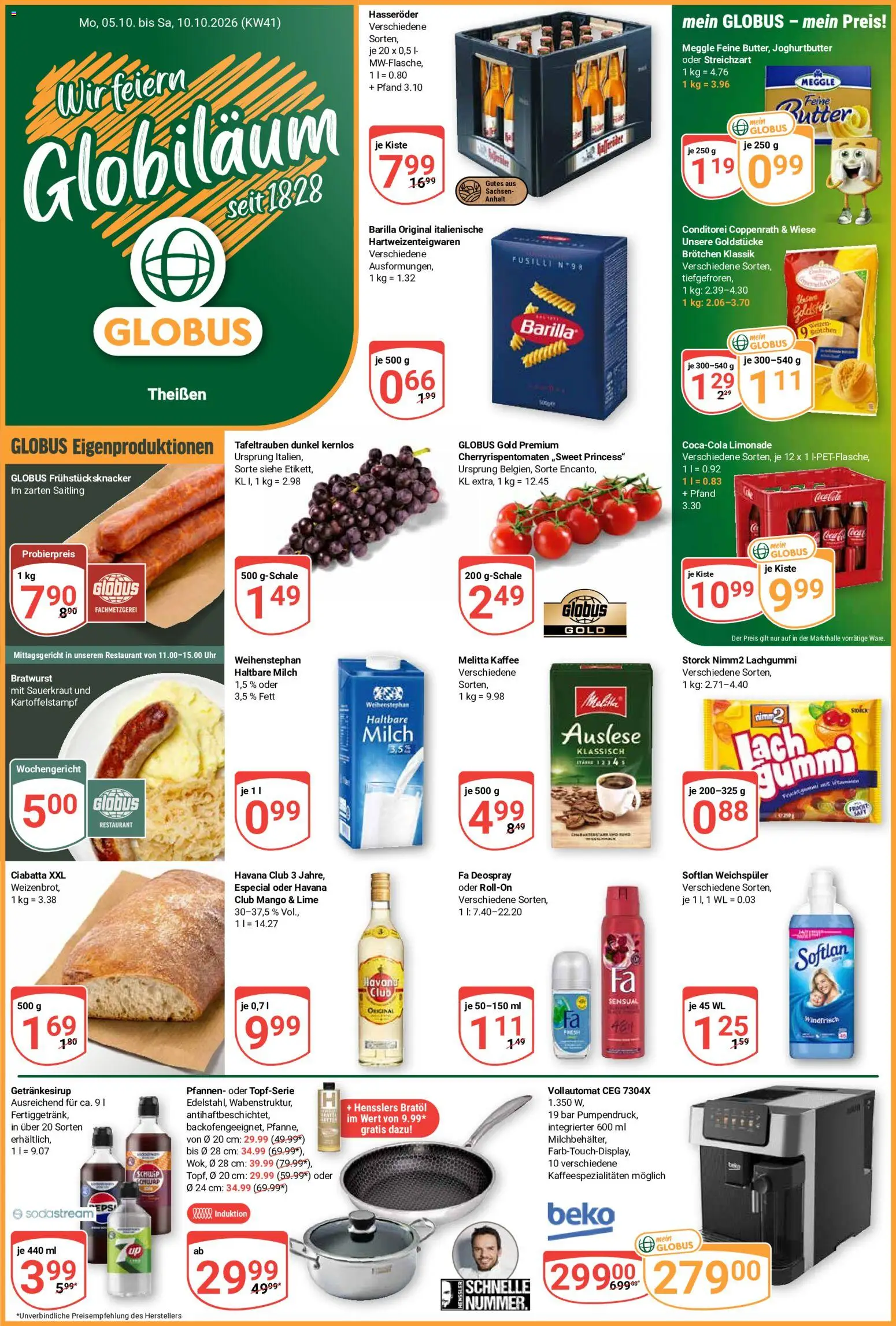 Vorschau von dem Prospekt des Geschäftes Globus, gültig ab dem 05.10.2026 - Bratwurst, Milch, Havana club, Barilla, Melitta, Melitta kaffee, Limonade, Meggle butter
