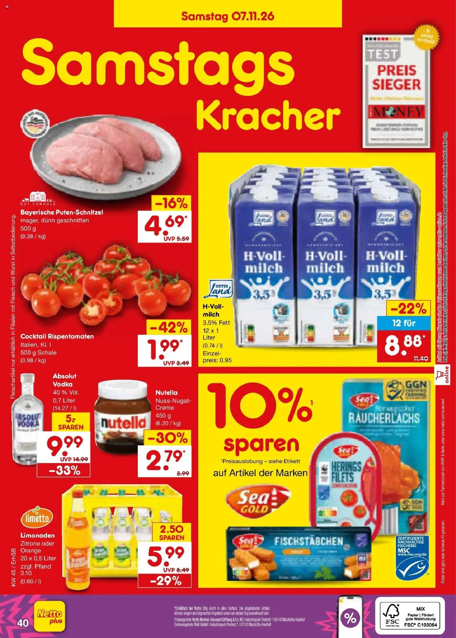 Vorschau von dem Prospekt des Geschäftes Netto Marken-Discount, gültig ab dem 02.11.2026 - Bilder, Wurst, Nutella, Milch, Fleisch, Vodka, Creme, Putenschnitzel