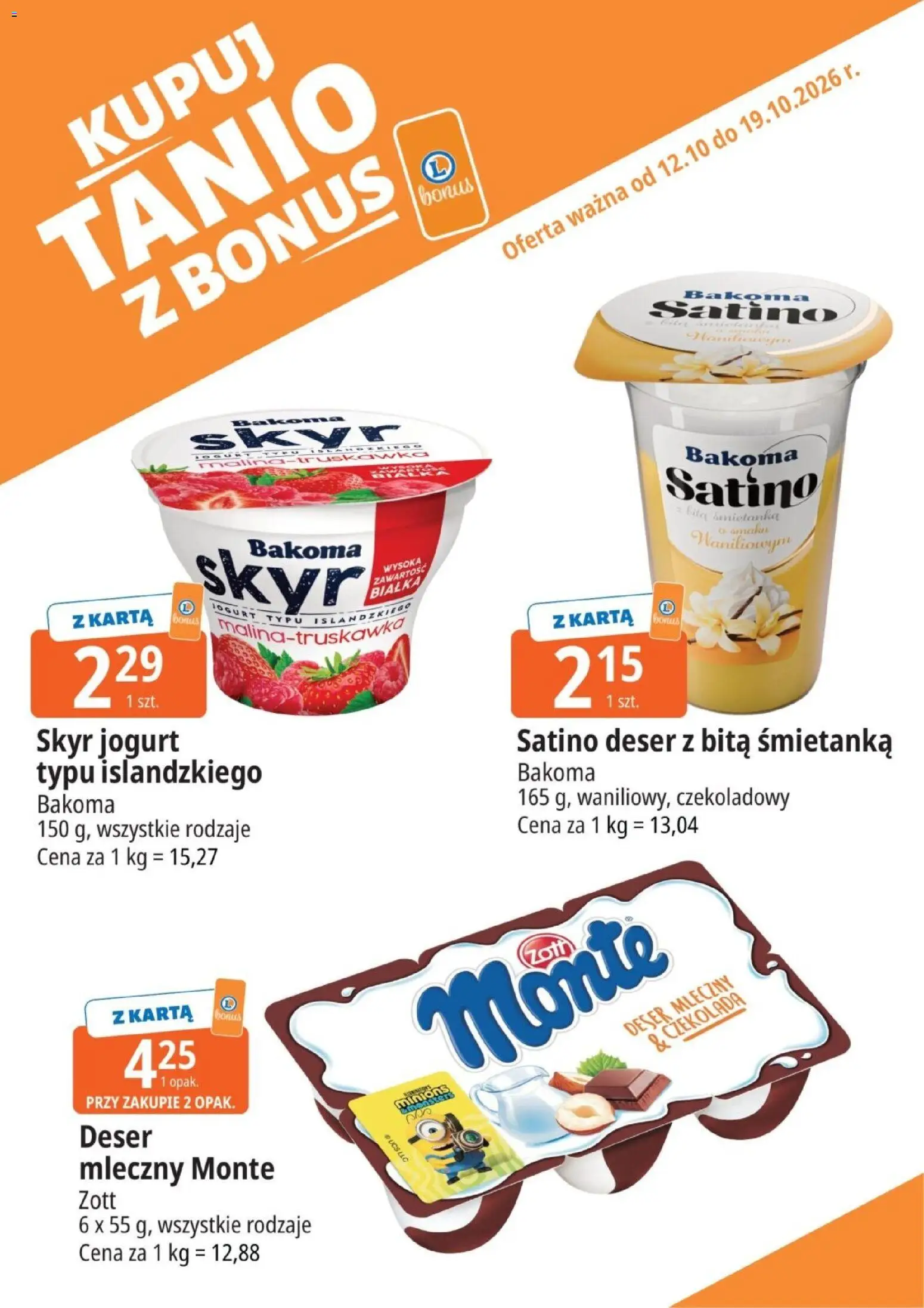 Pogląd gazetki "E.Leclerc gazetka - Kupuj Tanio Z Bonus" ze sklepu E.Leclerc ważnej od 12.10.2026 - Czekolada, Skyr, Deser, Karta, Bita śmietanka, Jogurt, Jogurt typu islandzkiego