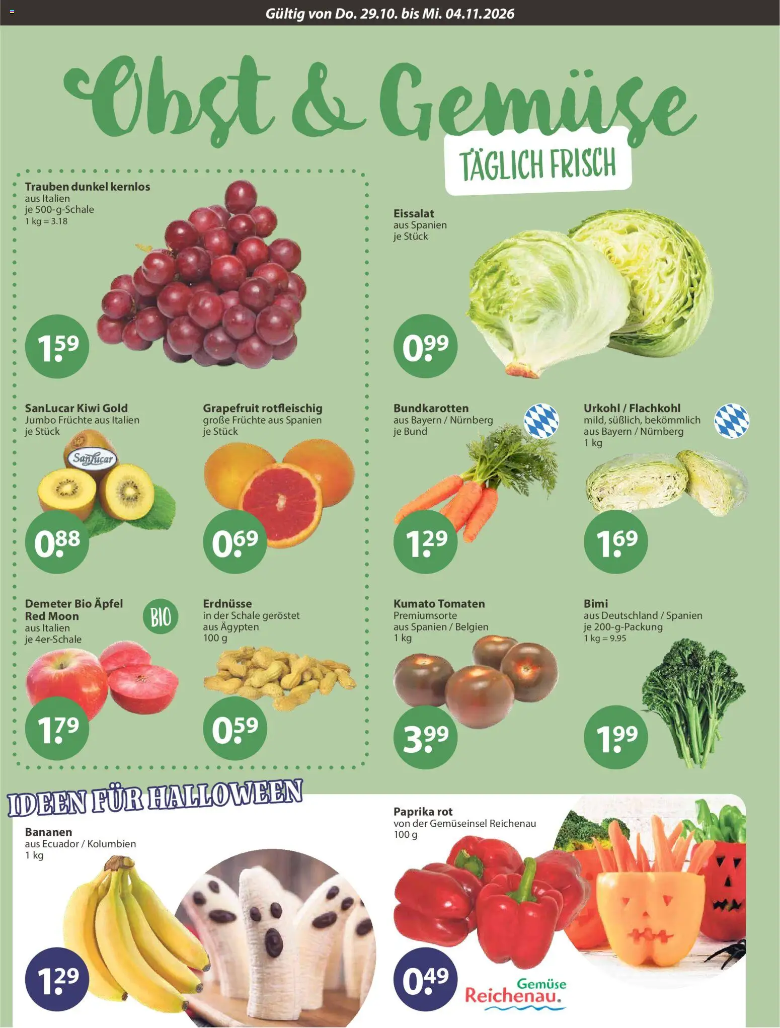 Vorschau von dem Prospekt des Geschäftes V-Markt, gültig ab dem 29.10.2026 - Äpfel, Bananen, Obst, Paprika, Erdnüsse, Tomaten, Eissalat, Paprika rot
