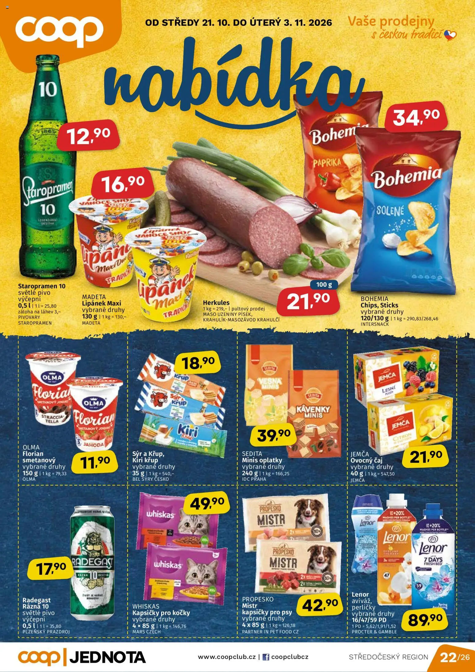 Náhled nabídky: Coop Coop leták - Středočeský region platný od 21.10.2026 - Pivo, Sýr, Paprika, Citron, Láhev, Lenor, Kapsičky pro psy, Ovocný čaj
