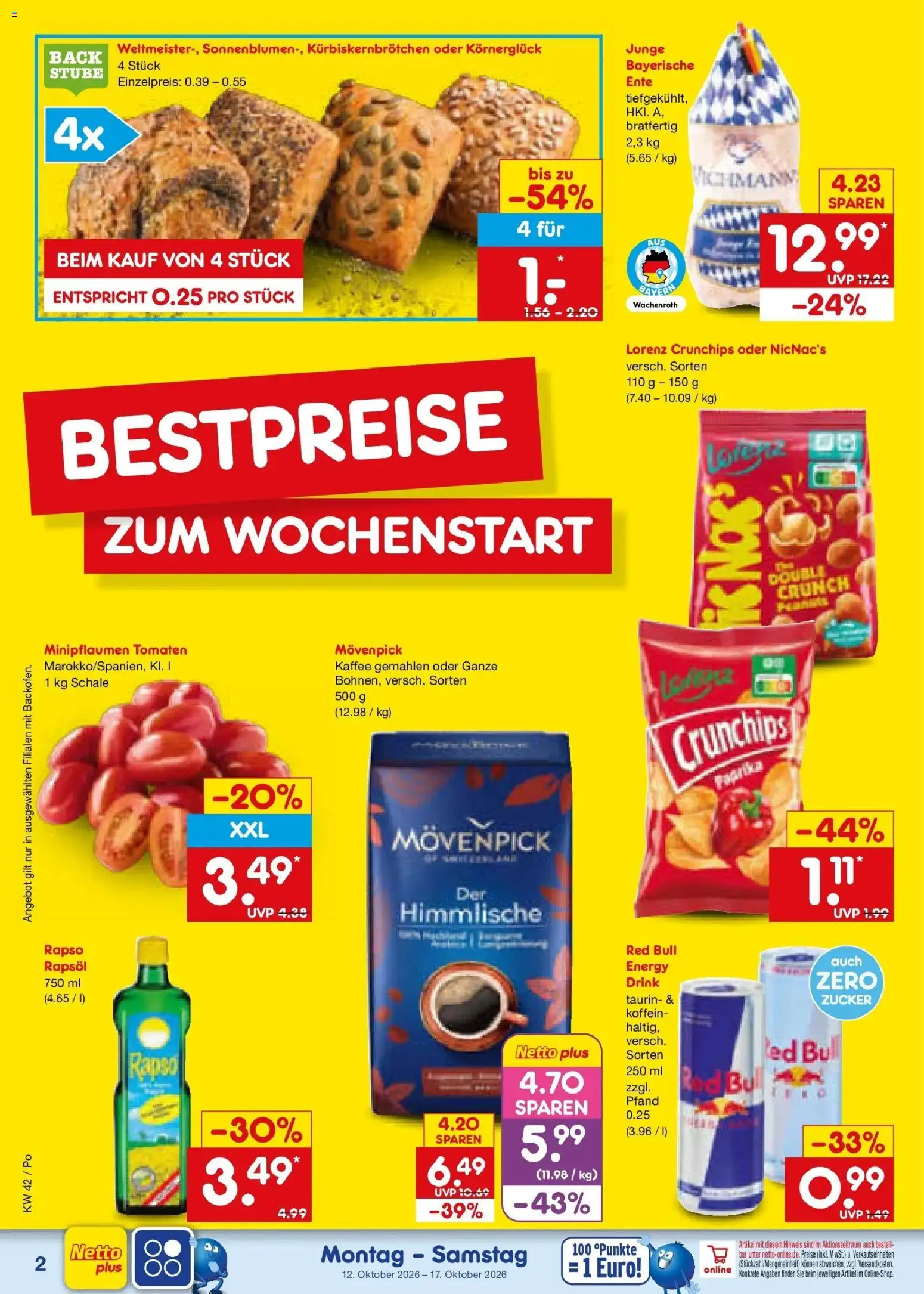 Vorschau von dem Prospekt des Geschäftes Netto Marken-Discount, gültig ab dem 12.10.2026 - Kaffee, Red bull, Ente, Zucker, Energy, Rapsöl, Tomaten, Lorenz crunchips