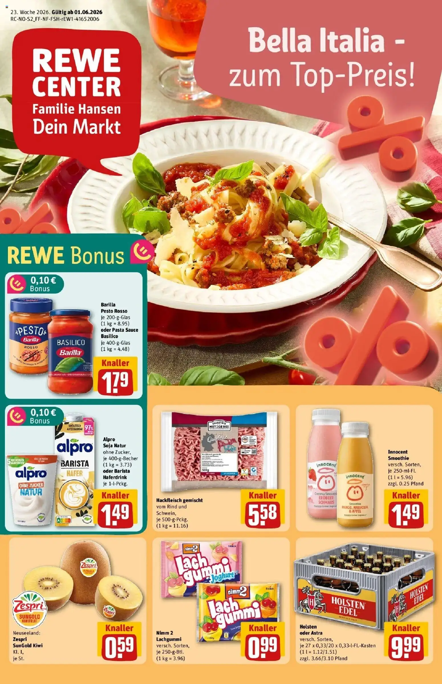 Vorschau von dem Prospekt des Geschäftes Rewe, gültig ab dem 01.06.2026 - Pasta, Äpfel, Kiwi, Zucker, Astra, Barilla pesto, Alpro, Holsten
