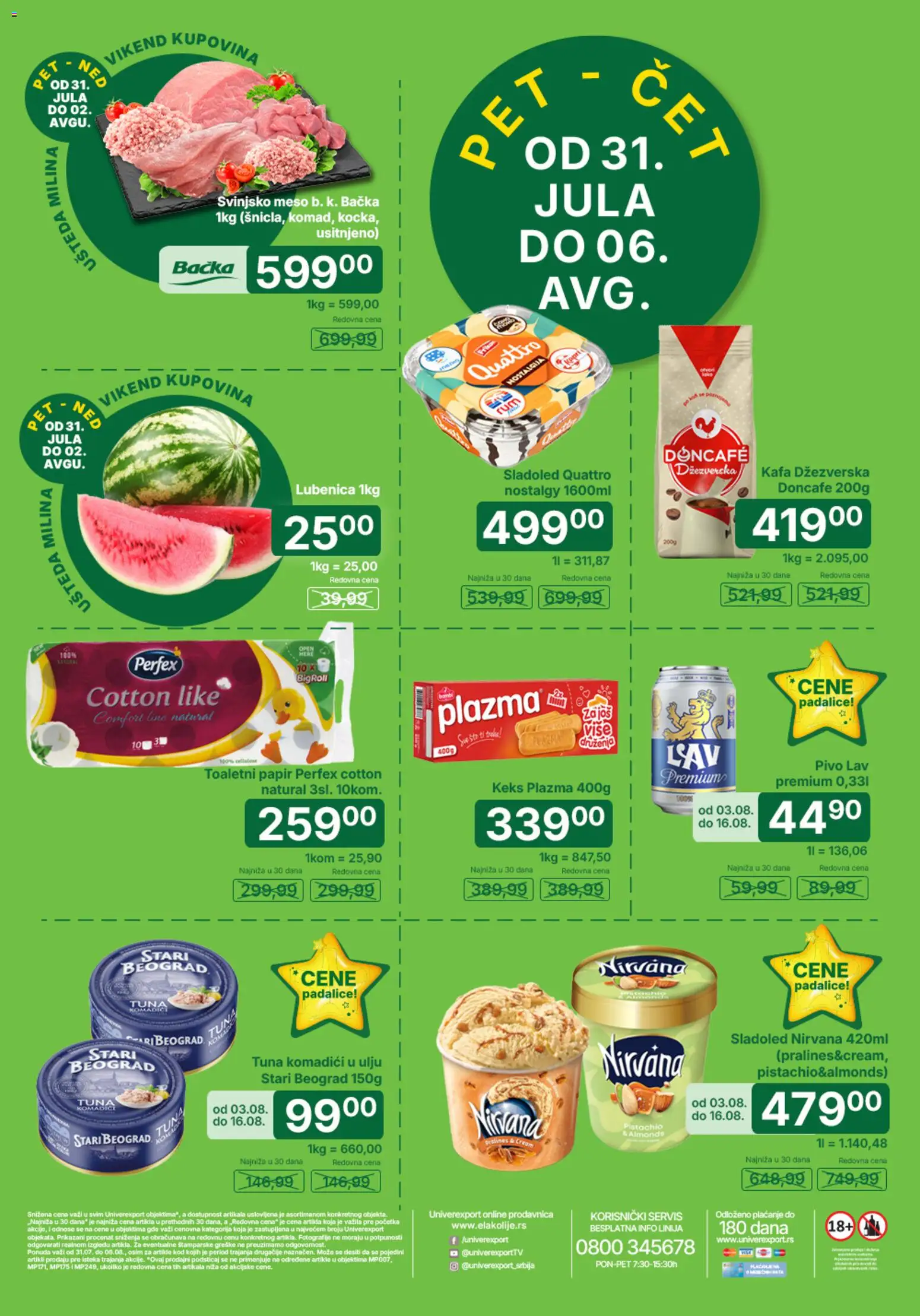 Pregled Univerexport kataloga - važi od 31.07.2026 - Sladoled, Kafa, Lubenica, Keks, Tuna, Meso, Doncafe, Svinjsko meso