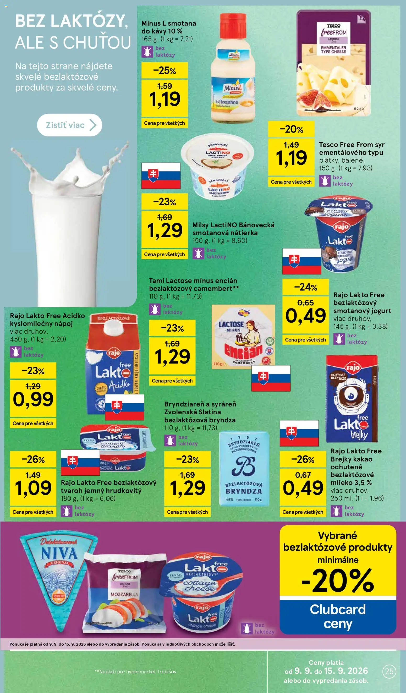 Náhľad Tesco letáku platného od 09.09.2026 - Bryndza, Cream cheese, Kakao, Jogurt, Acidko, Smotana, Encián, Bezlaktózové mlieko