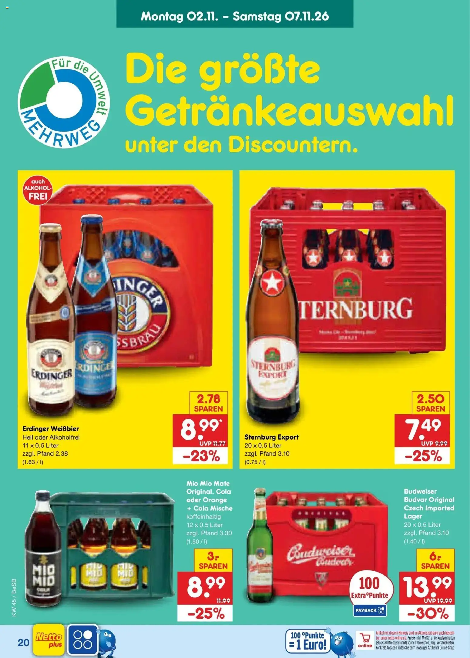 Vorschau von dem Prospekt des Geschäftes Netto Marken-Discount, gültig ab dem 02.11.2026 - Cola, Alkohol, Budweiser, Erdinger, Mio mio mate, Weißbier