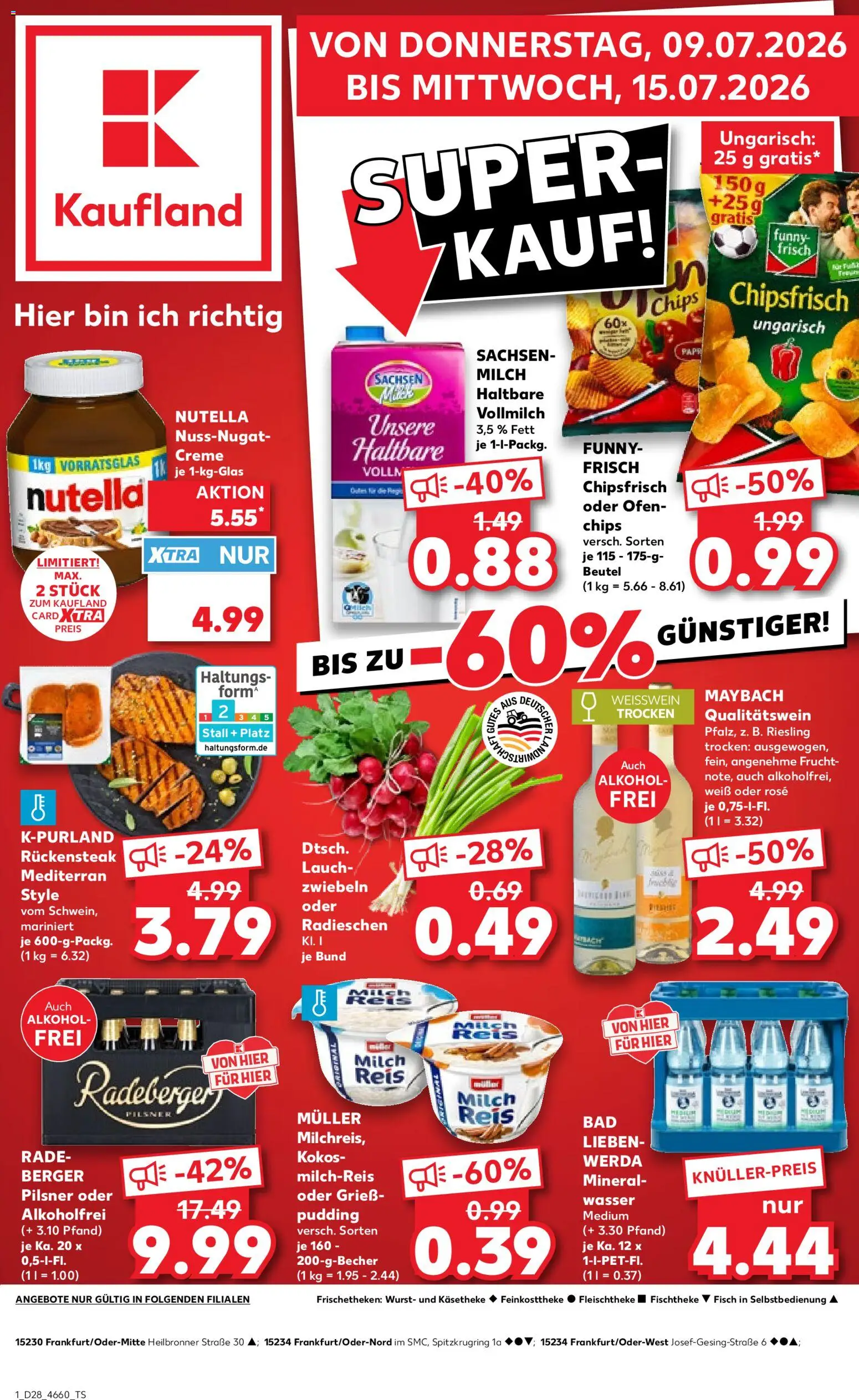 Vorschau von dem Prospekt des Geschäftes Kaufland, gültig ab dem 09.07.2026 - Chips, Fisch, Nutella, Milch, Lauch, Ofen, Reis, Weißwein