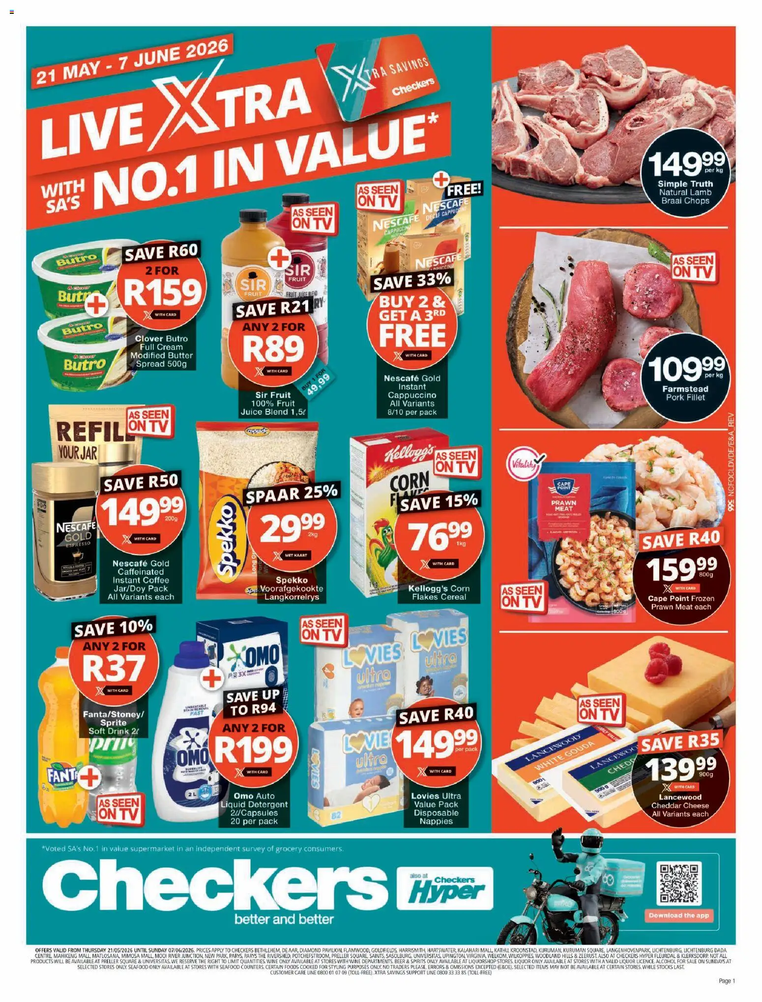 Preview of Checkers flyer valid from 21/05/2026 - TV, Alcohol, Butter, Corn, Beer, Pork, Nappies, Detergent