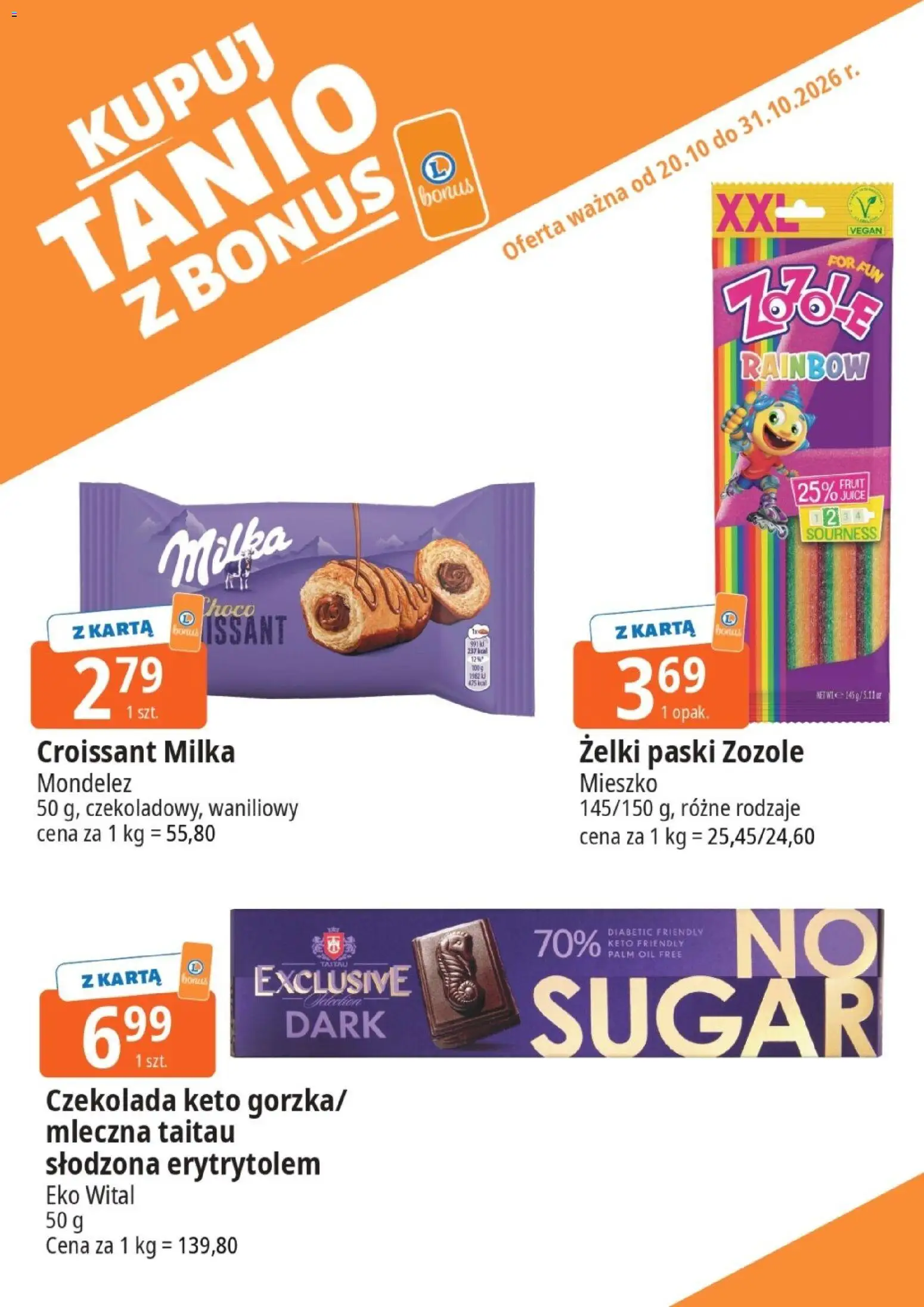 Pogląd gazetki "E.Leclerc gazetka - Kupuj Tanio Z Bonus" ze sklepu E.Leclerc ważnej od 20.10.2026 - Croissant, Czekolada, Żelki, Milka, Karta, Żelki paski