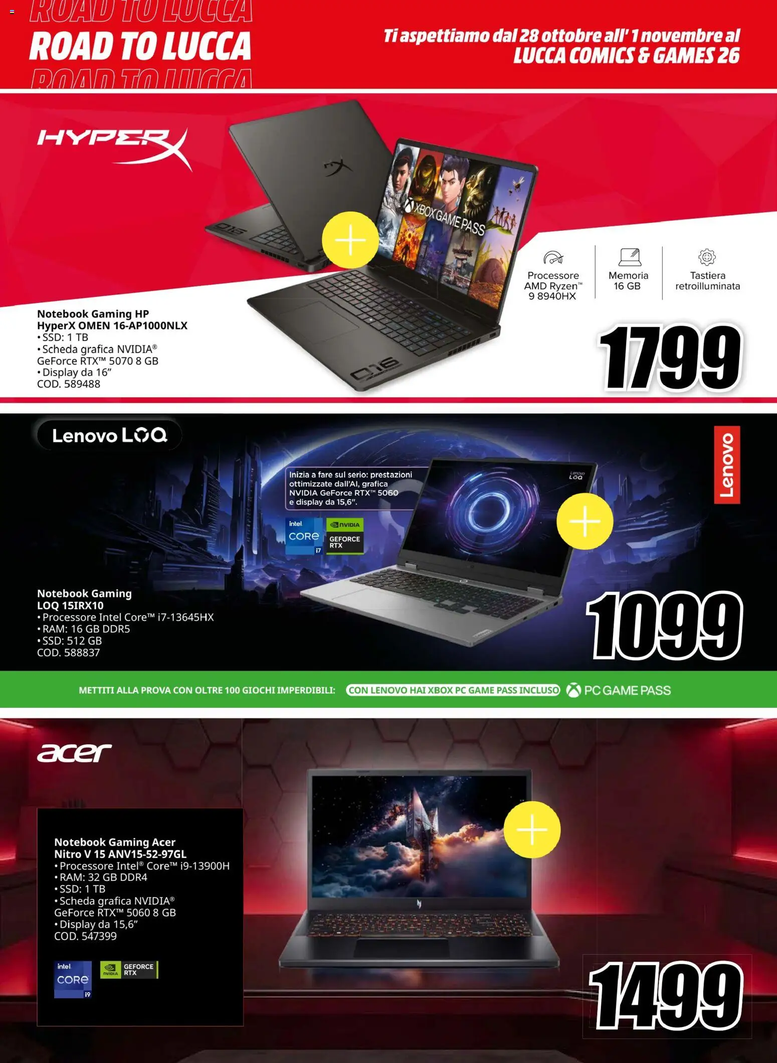 Anteprima dell'opuscolo Media World volantino Road to Lucca dal negozio Media World valido da 25/10/2026 - Xbox, PC, Notebook, Tastiera